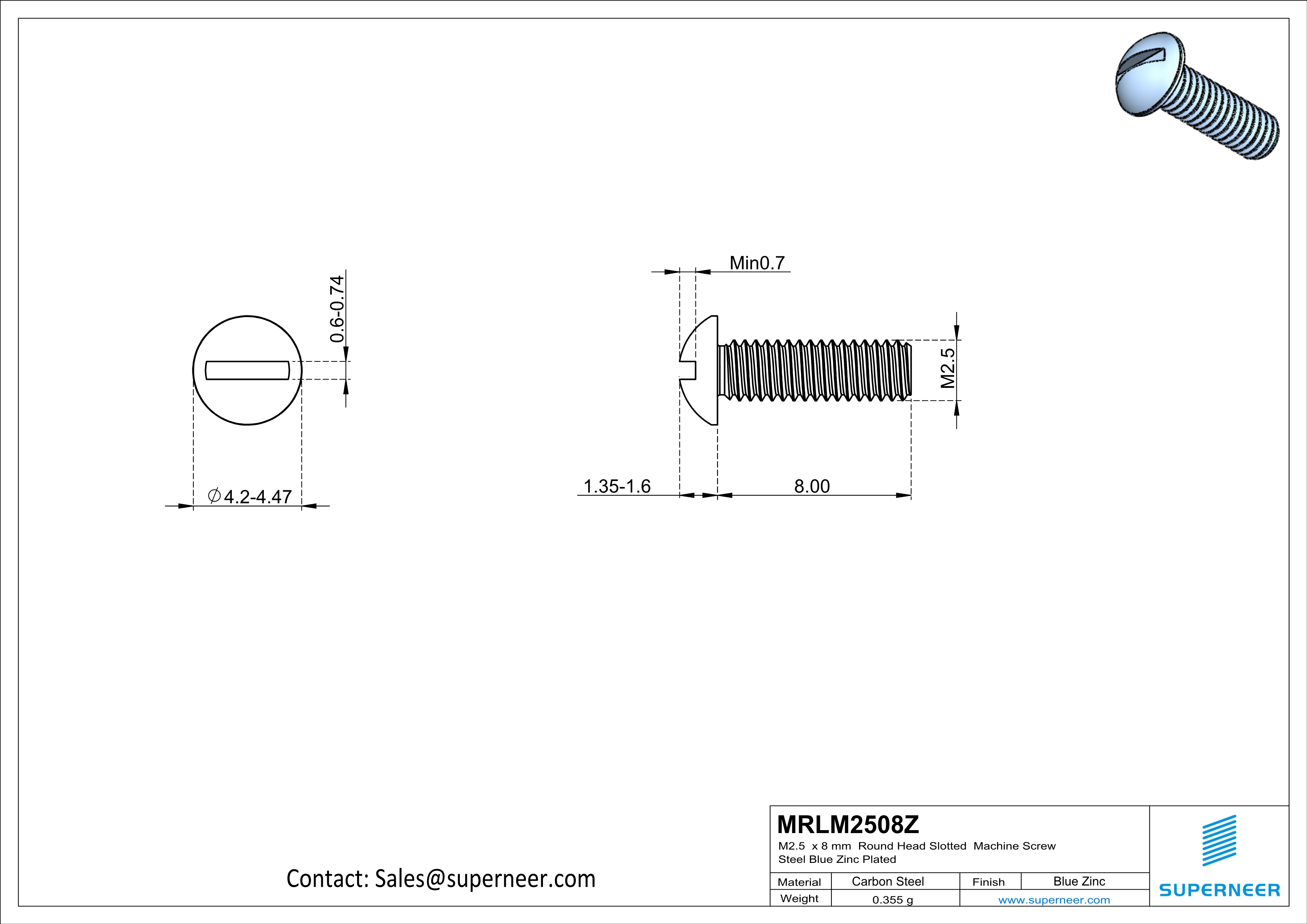 M2.5 x 8 mm Round Head Slotted Machine Screw Steel Blue Zinc Plated