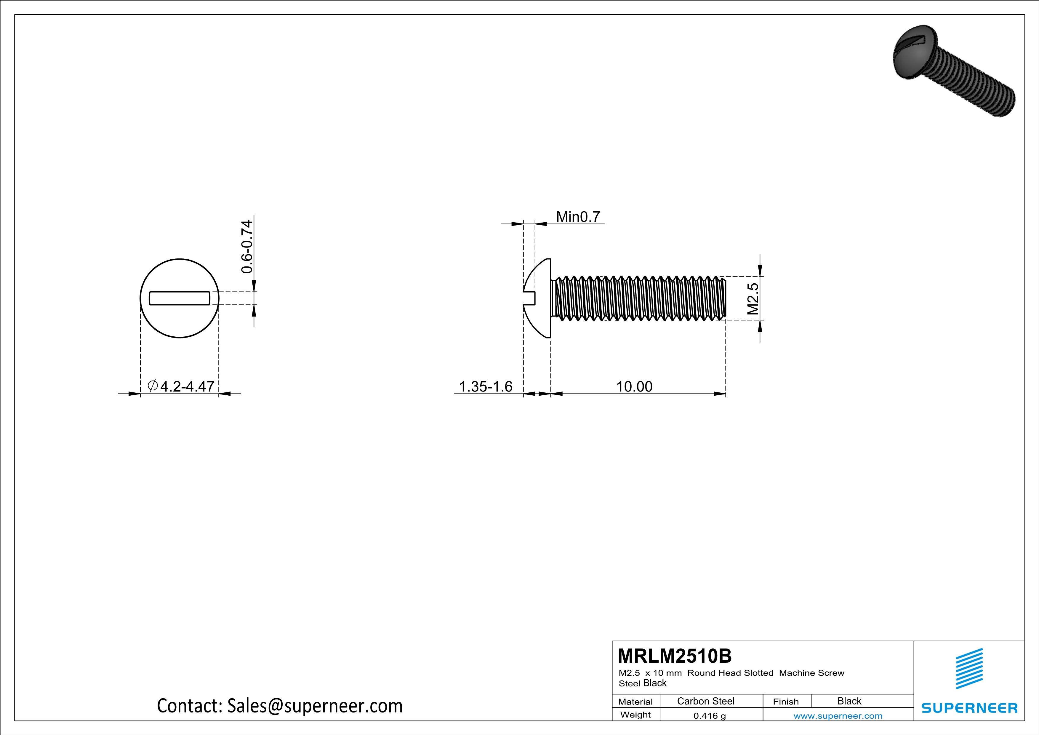 M2.5 x 10 mm Round Head Slotted Machine Screw Steel Black