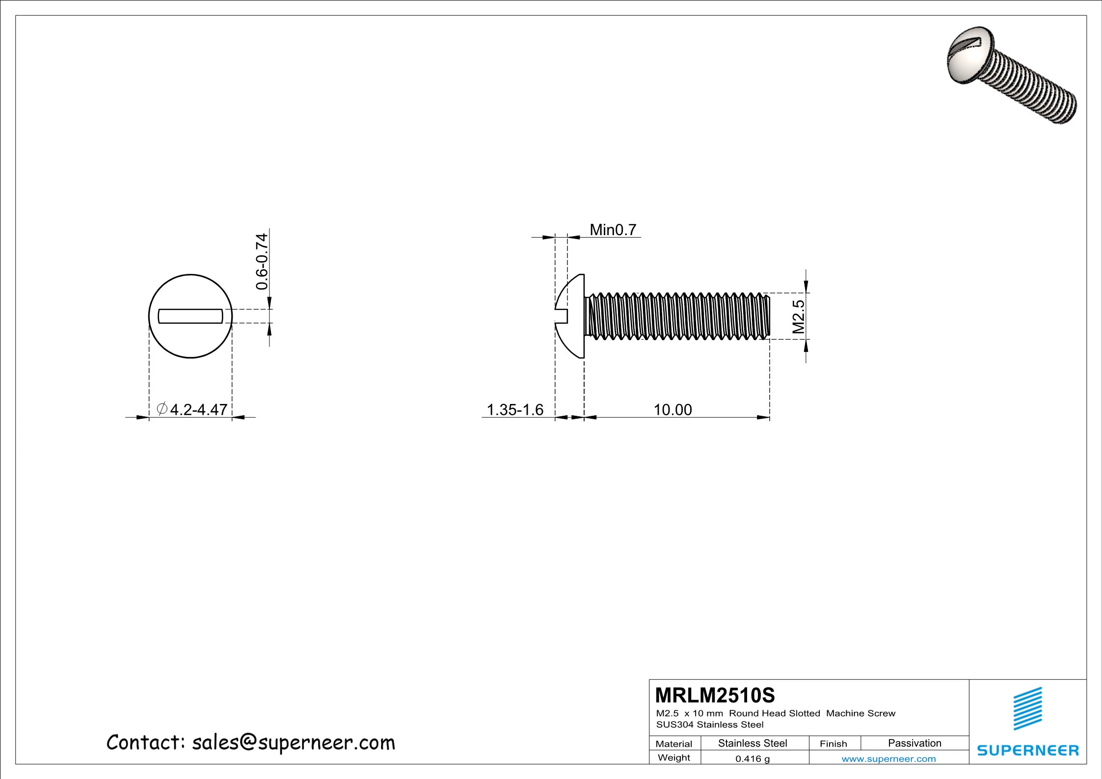 M2.5  x 10 mm  Round Head Slotted  Machine Screw SUS304 Stainless Steel Inox