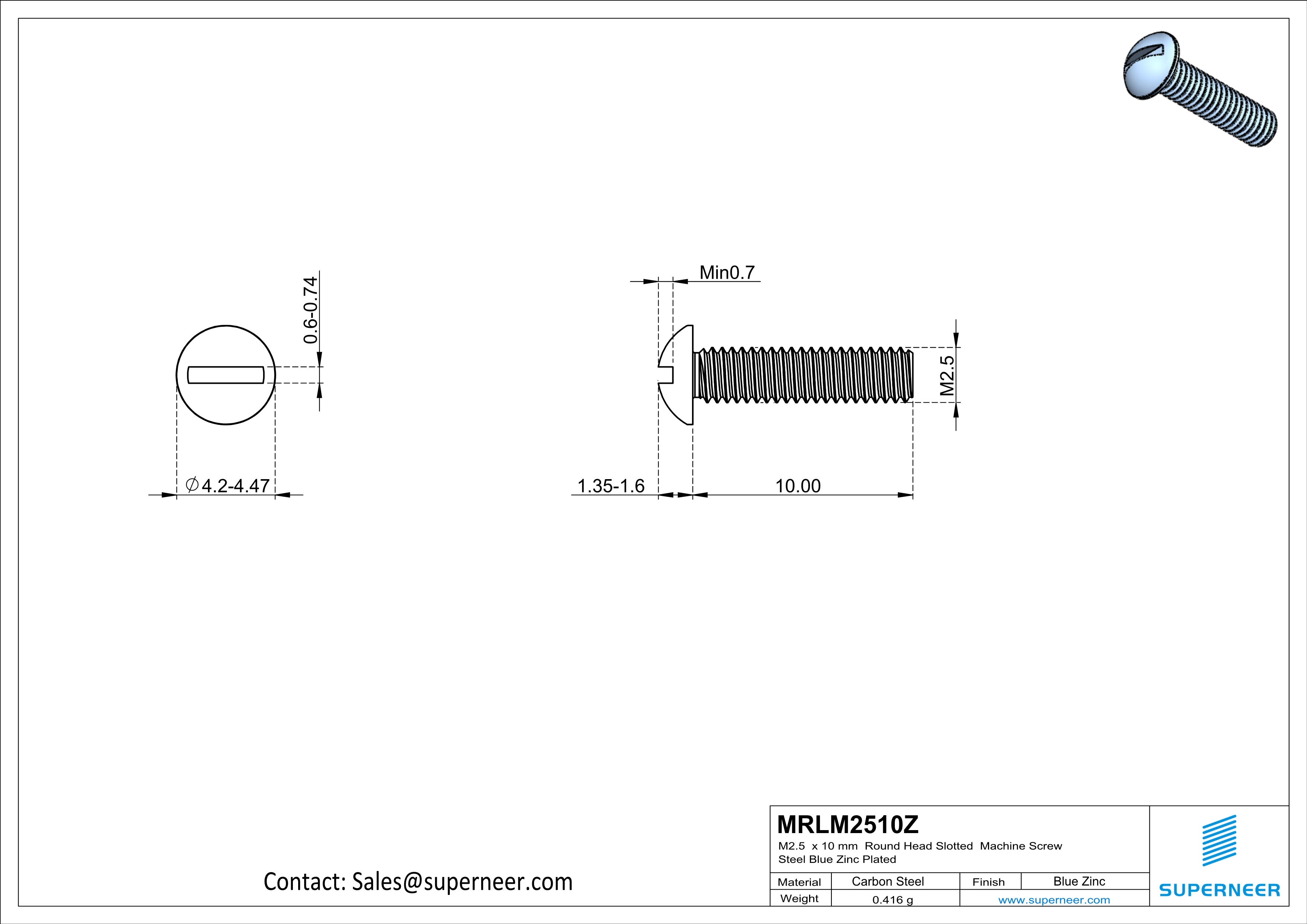 M2.5 x 10 mm Round Head Slotted Machine Screw Steel Blue Zinc Plated