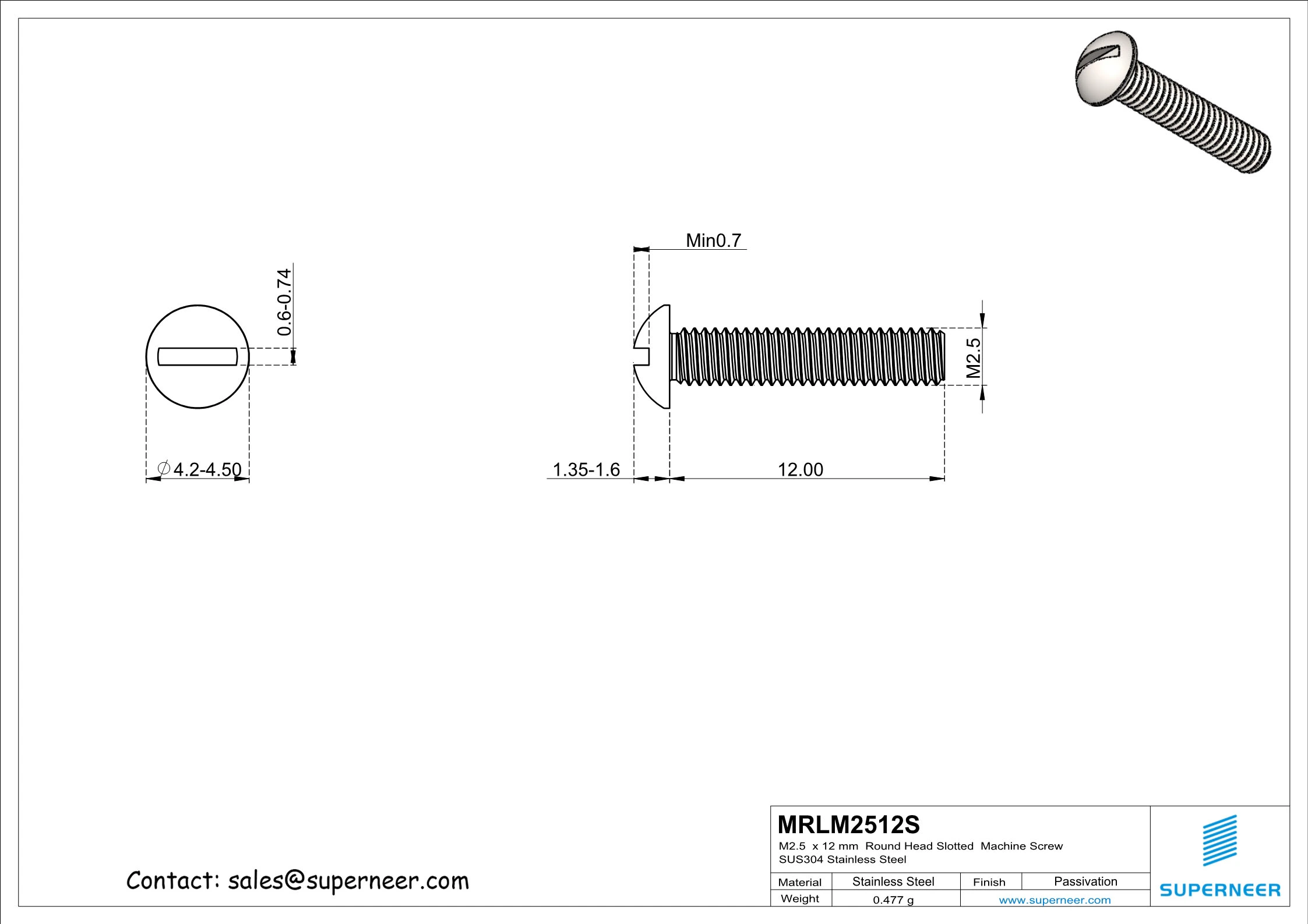 M2.5  x 12mm  Round Head Slotted  Machine Screw SUS304 Stainless Steel Inox