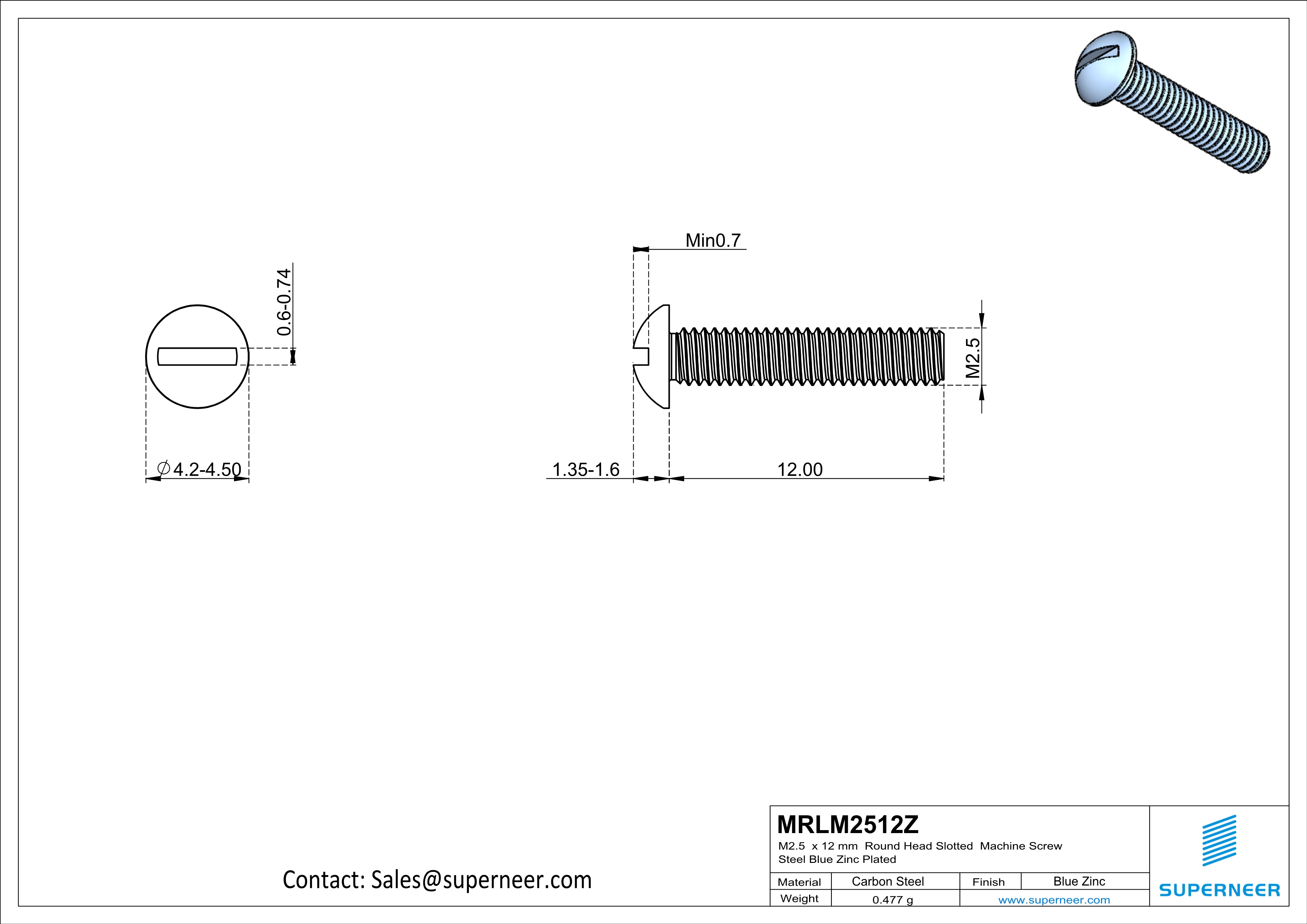 M2.5 x 12mm Round Head Slotted Machine Screw Steel Blue Zinc Plated