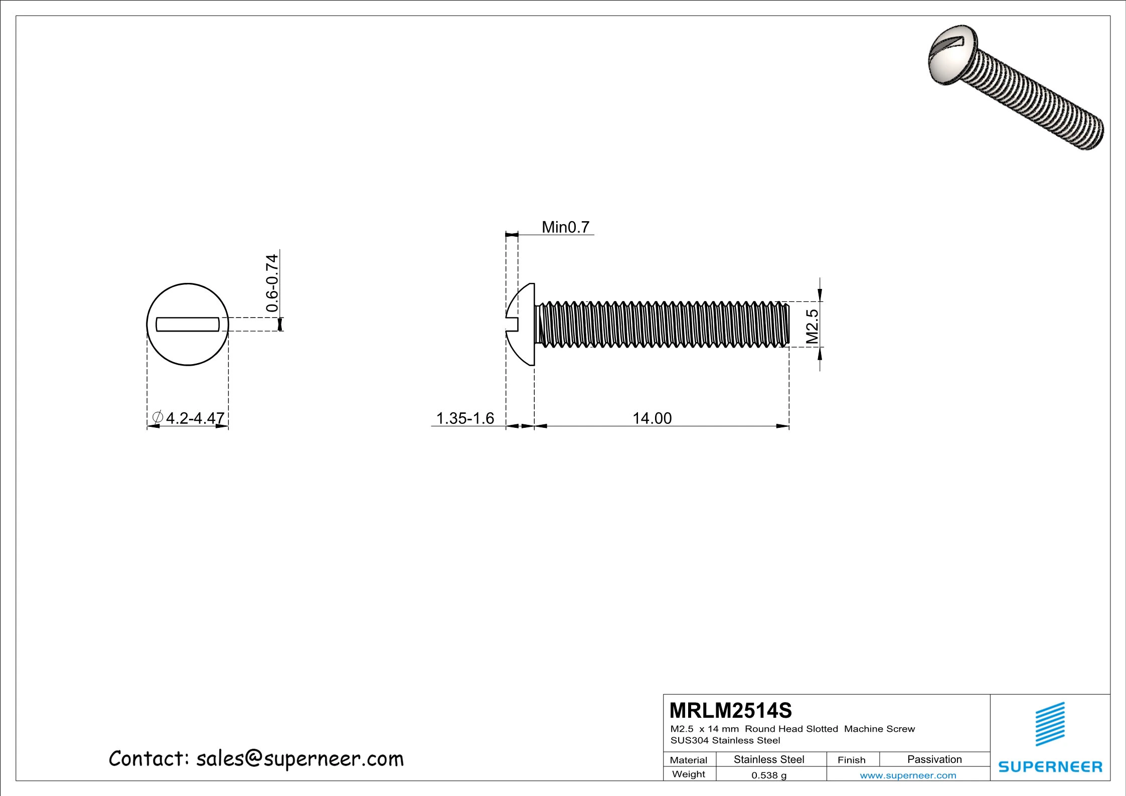 M2.5  x 14mm  Round Head Slotted  Machine Screw SUS304 Stainless Steel Inox