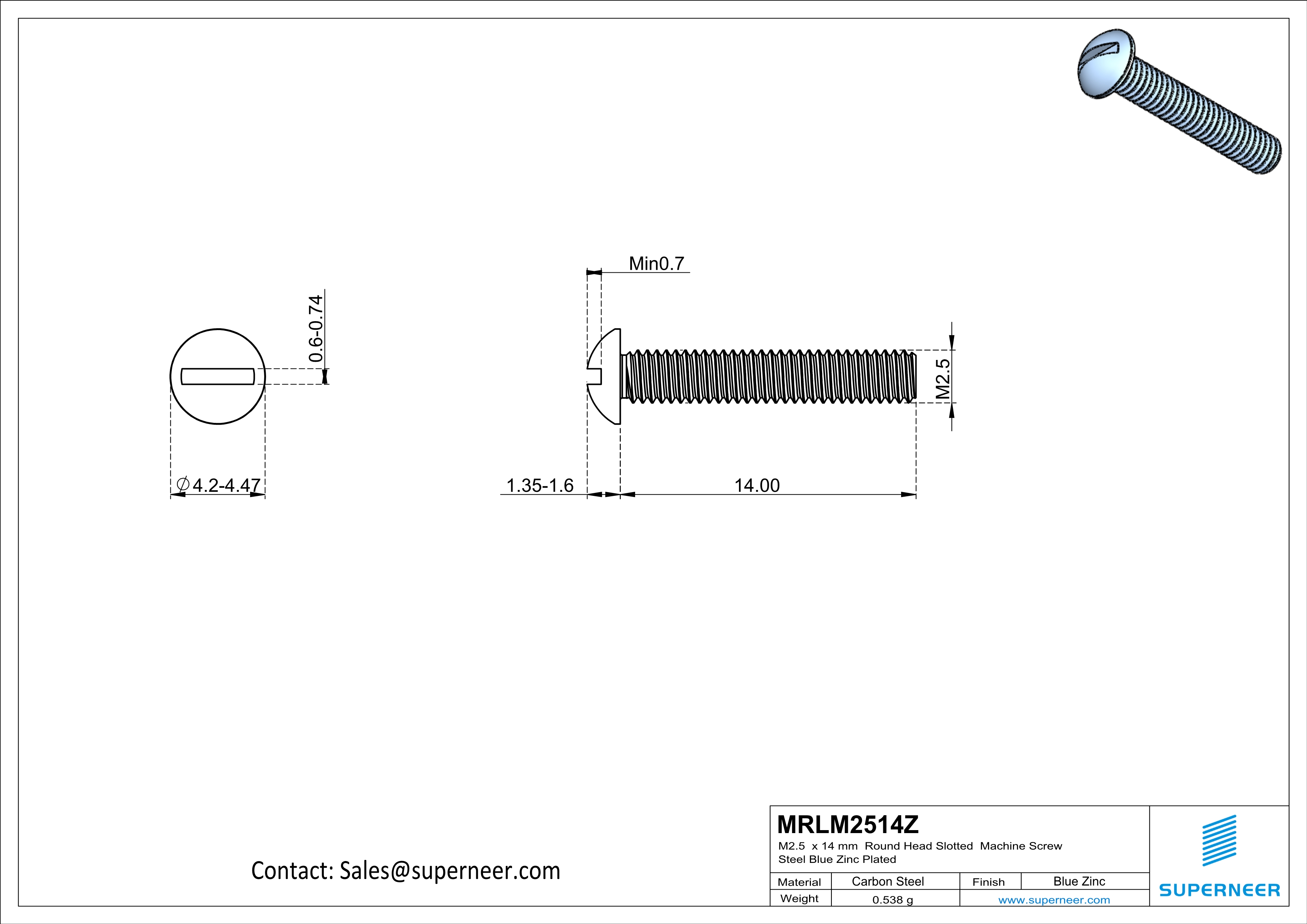 M2.5 x 14mm Round Head Slotted Machine Screw Steel Blue Zinc Plated