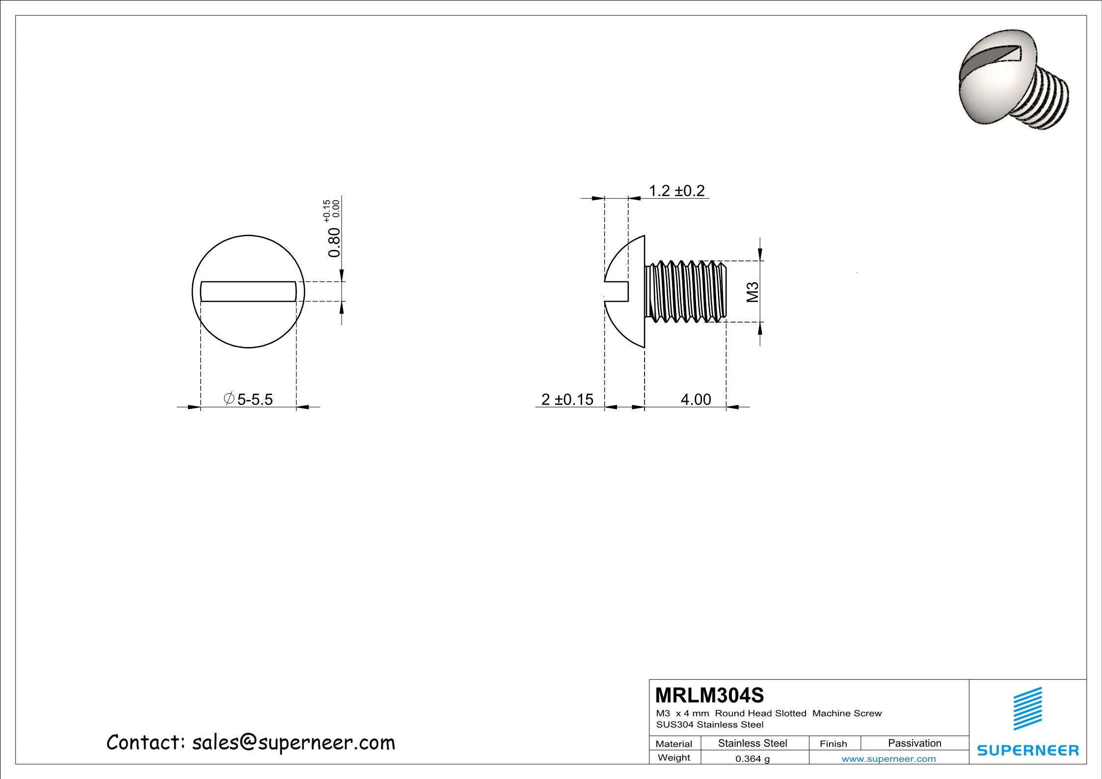 M3 x 4 mm  Round Head Slotted  Machine Screw SUS304 Stainless Steel Inox