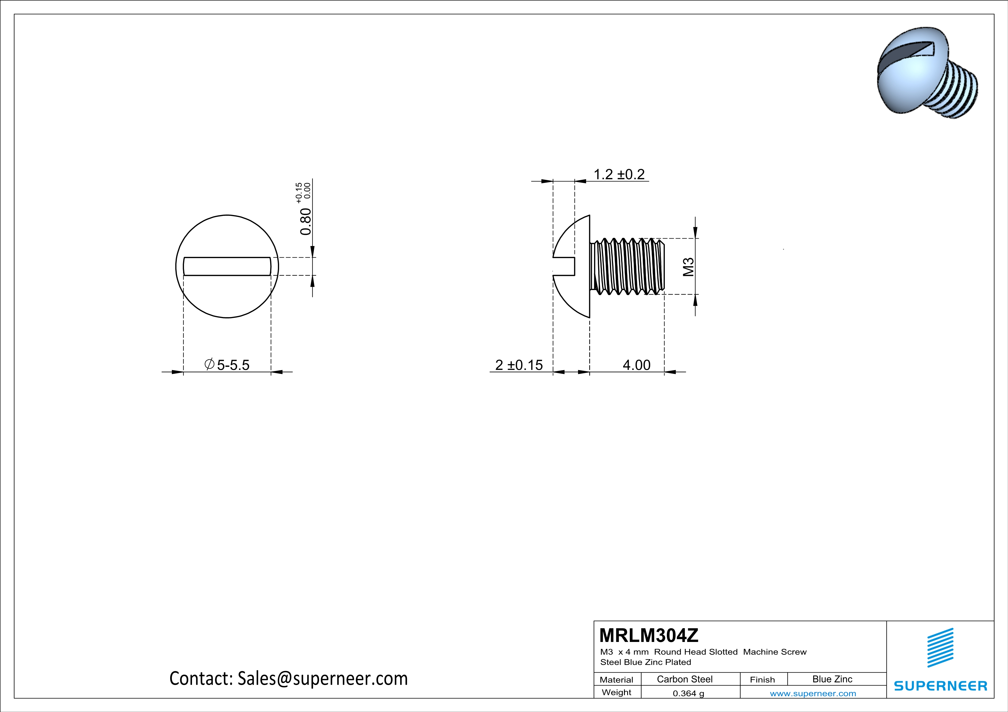 M3 x 4 mm Round Head Slotted Machine Screw Steel Blue Zinc Plated