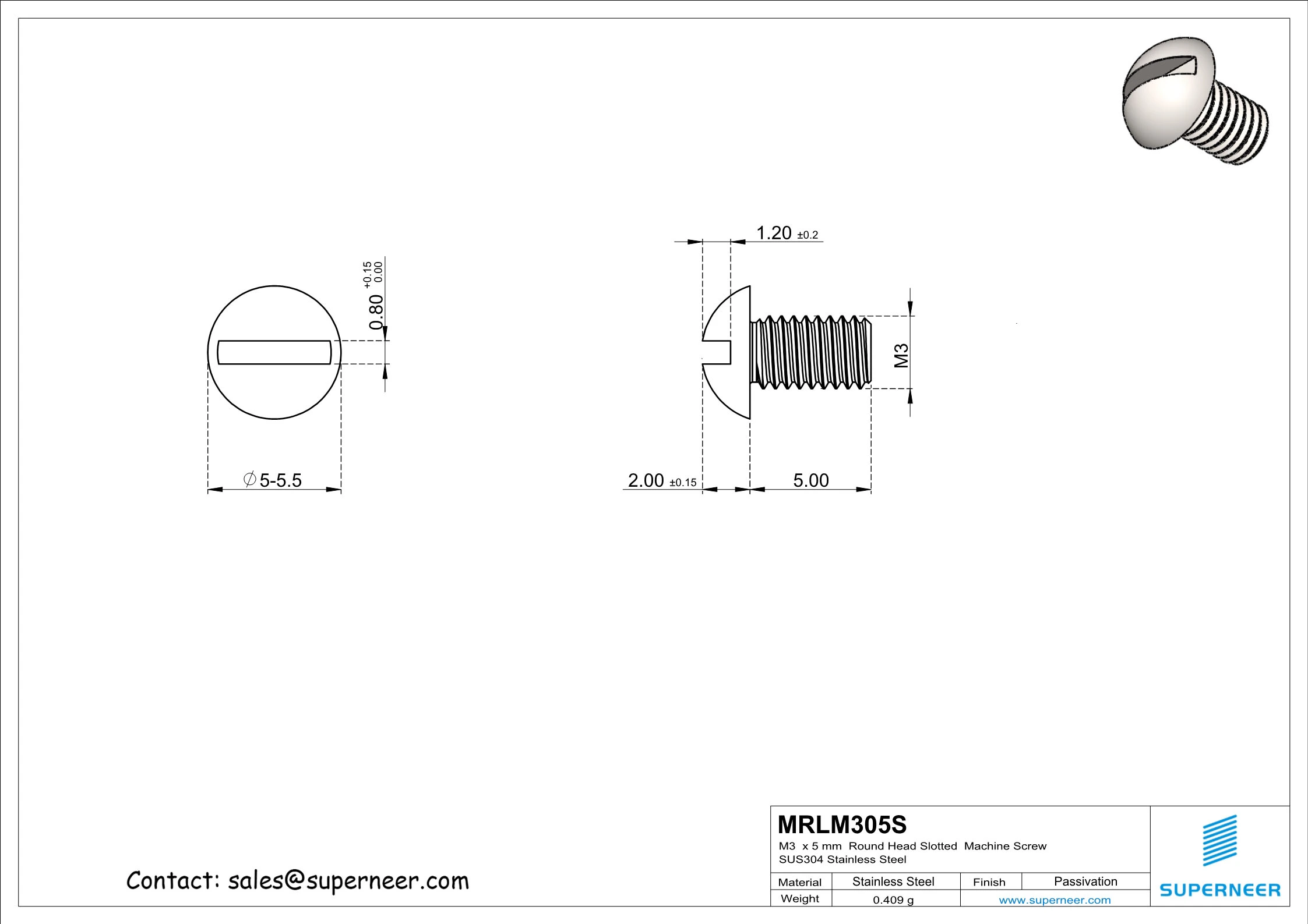 M3 x 5 mm  Round Head Slotted  Machine Screw SUS304 Stainless Steel Inox