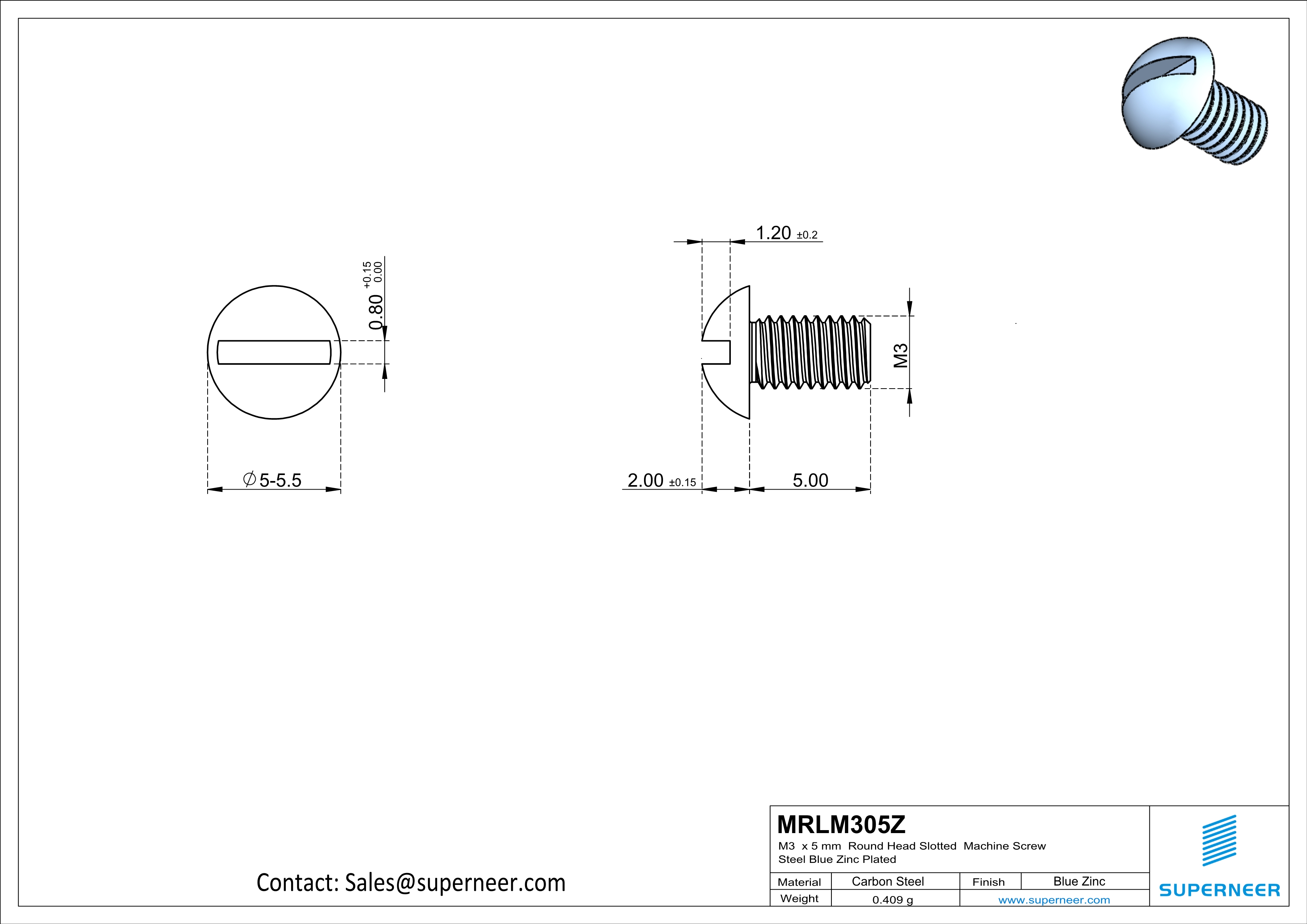 M3 x 5 mm Round Head Slotted Machine Screw Steel Blue Zinc Plated