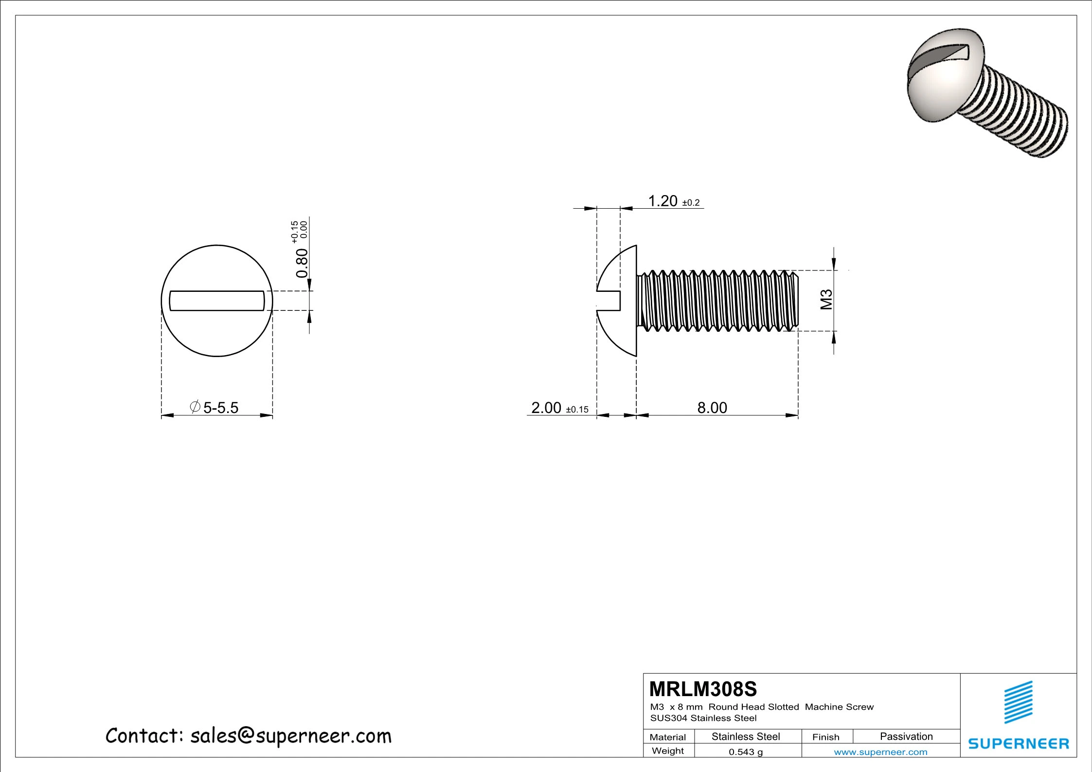 M3  x 8 mm  Round Head Slotted  Machine Screw SUS304 Stainless Steel Inox