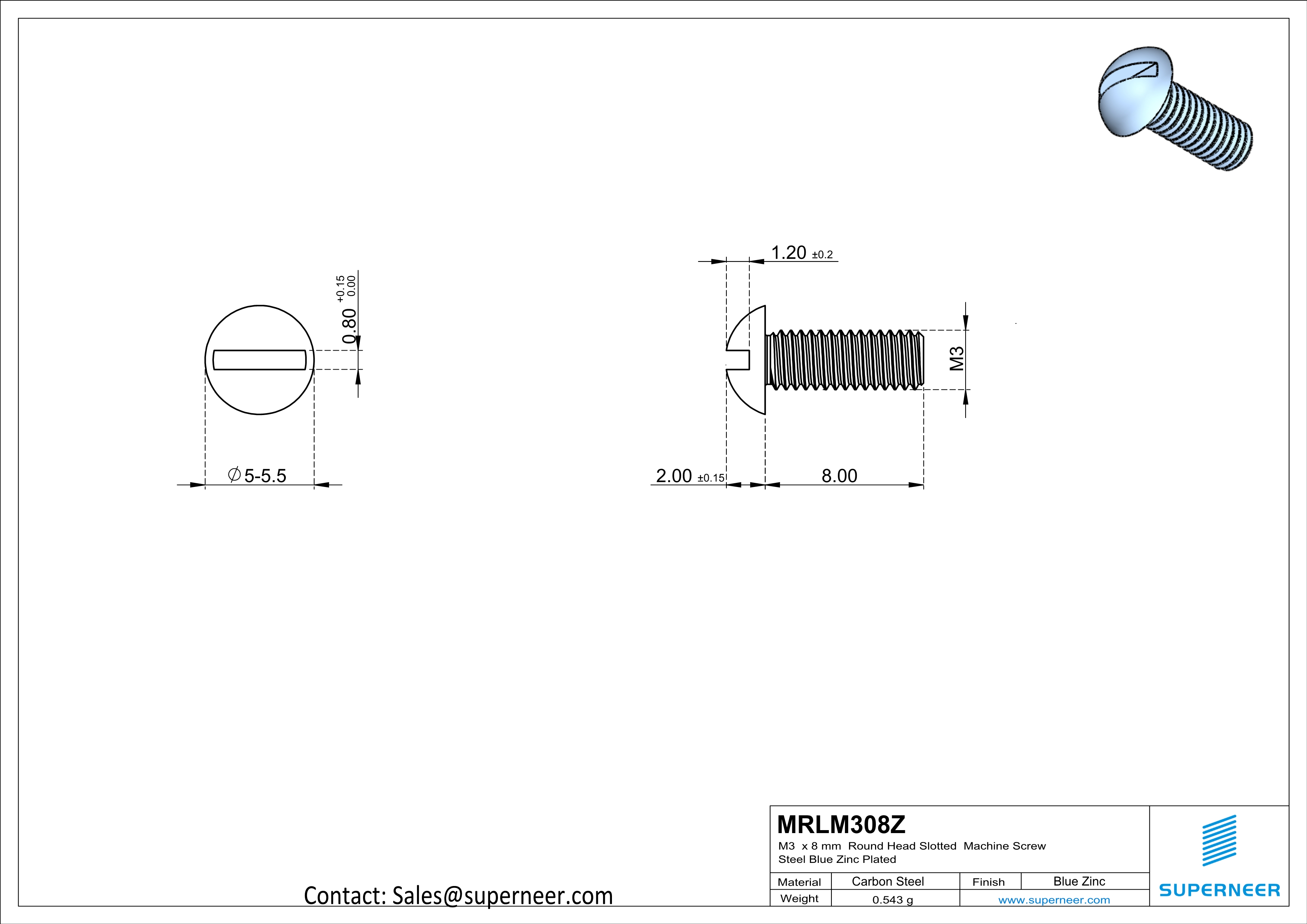 M3 x 8 mm Round Head Slotted Machine Screw Steel Blue Zinc Plated