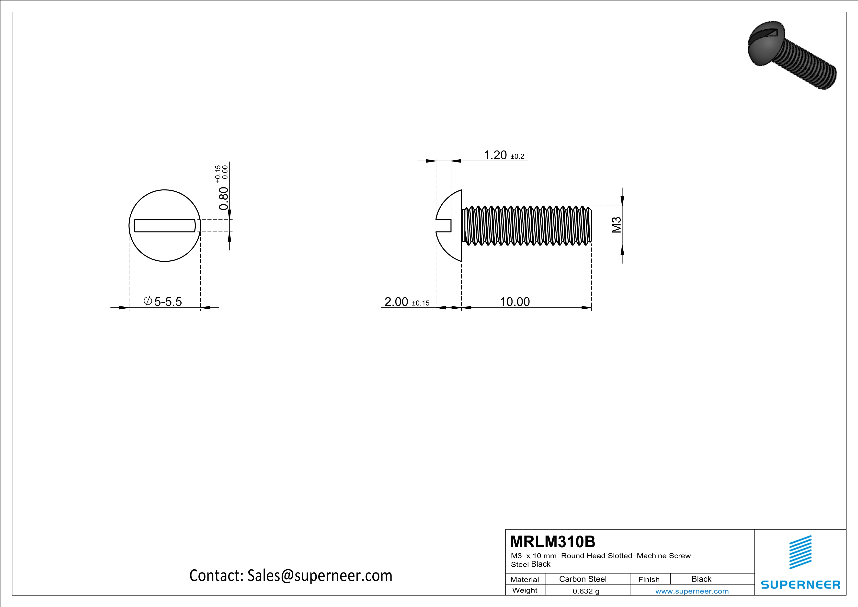 M3 x 10 mm Round Head Slotted Machine Screw Steel Black