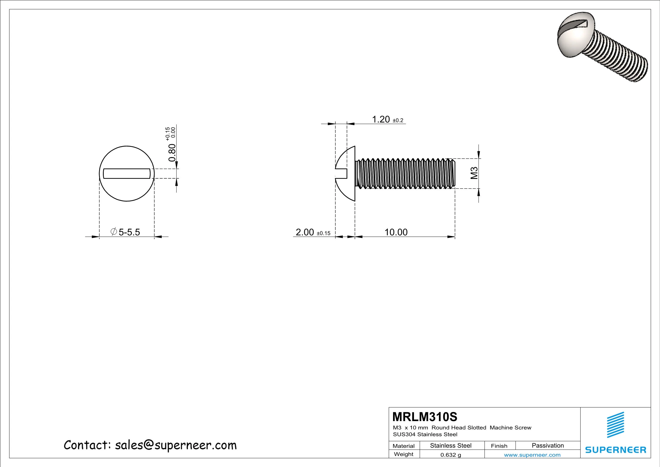 M3  x 10 mm  Round Head Slotted  Machine Screw SUS304 Stainless Steel Inox