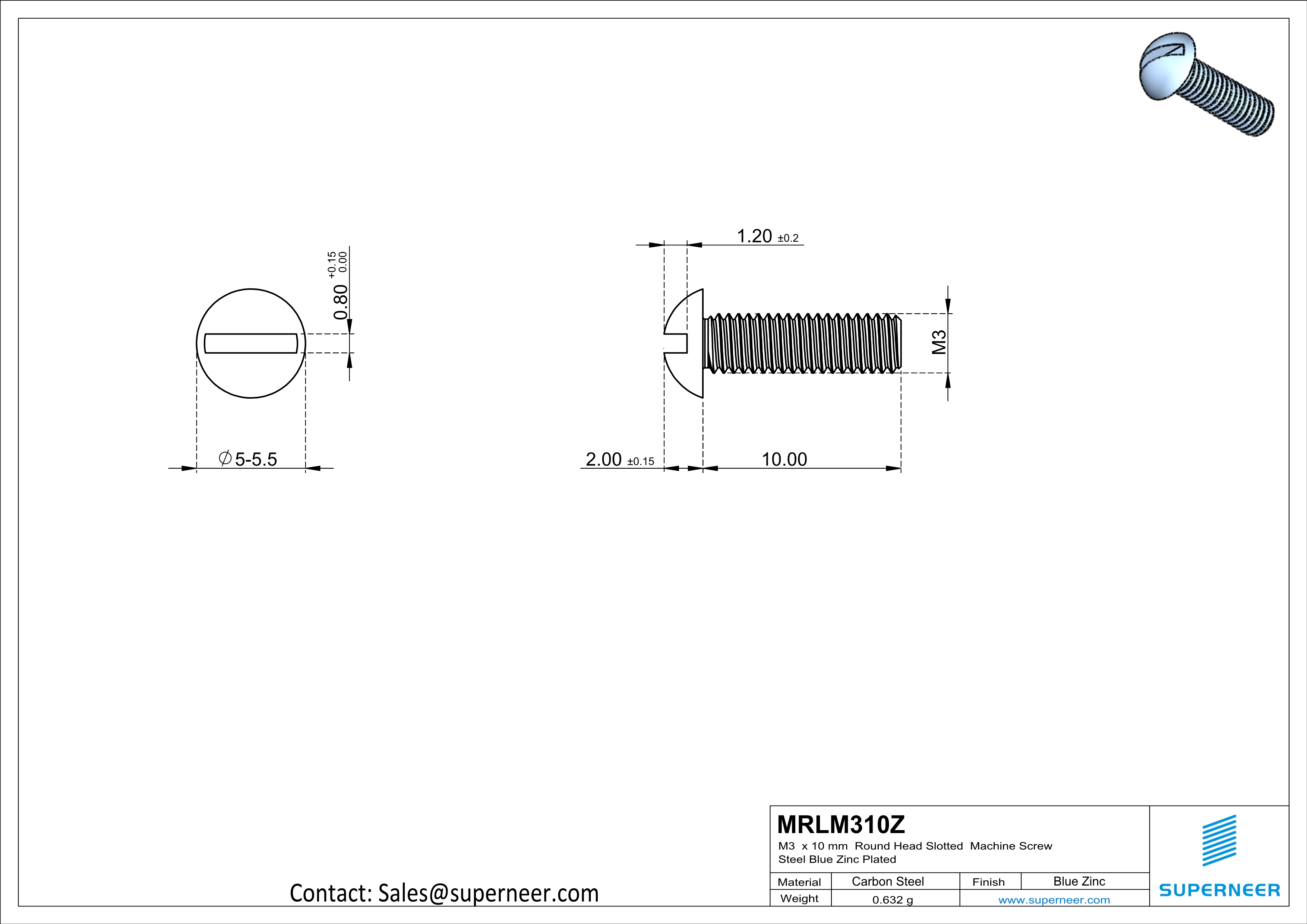 M3 x 10 mm Round Head Slotted Machine Screw Steel Blue Zinc Plated