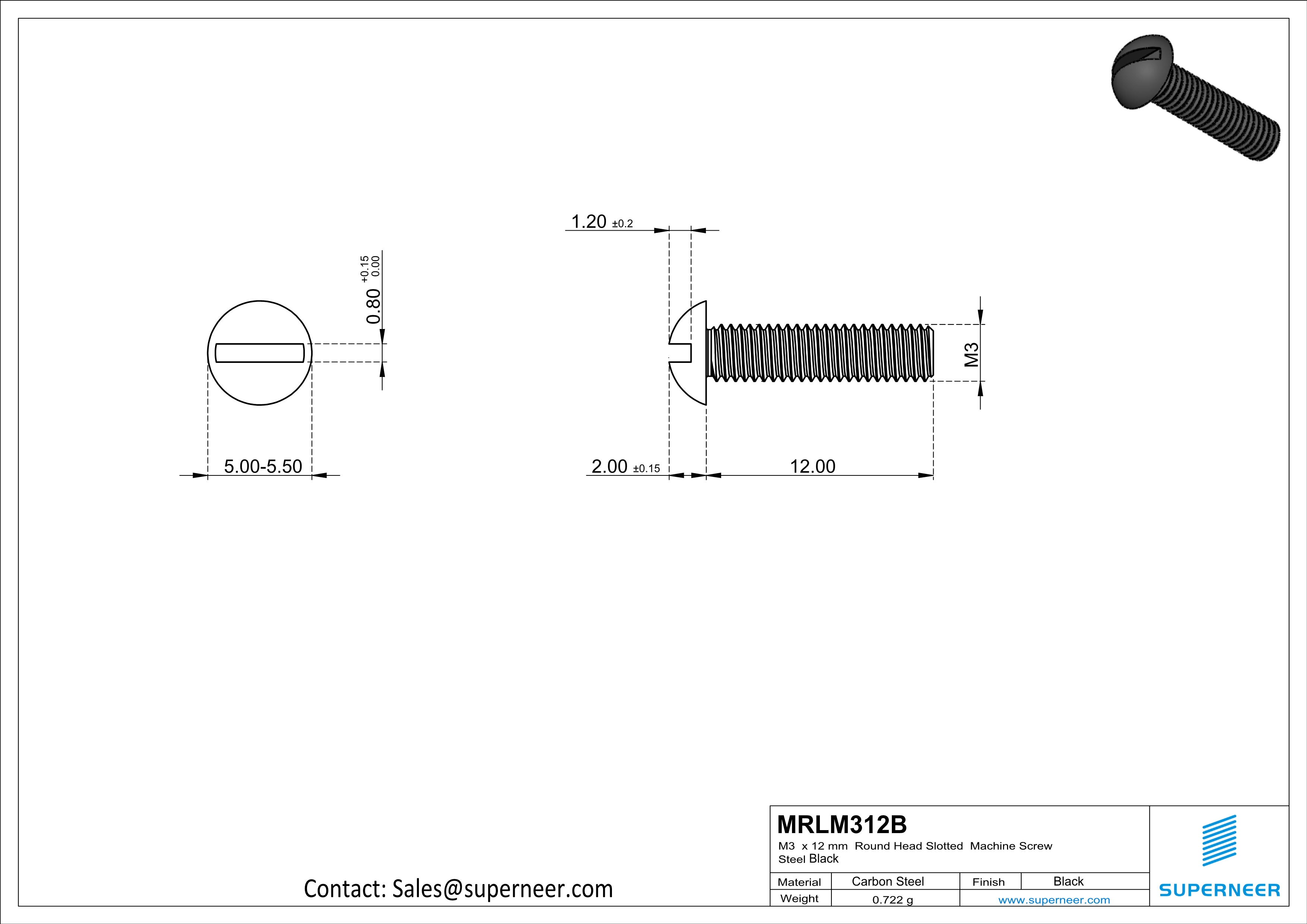 M3 x 12mm Round Head Slotted Machine Screw Steel Black