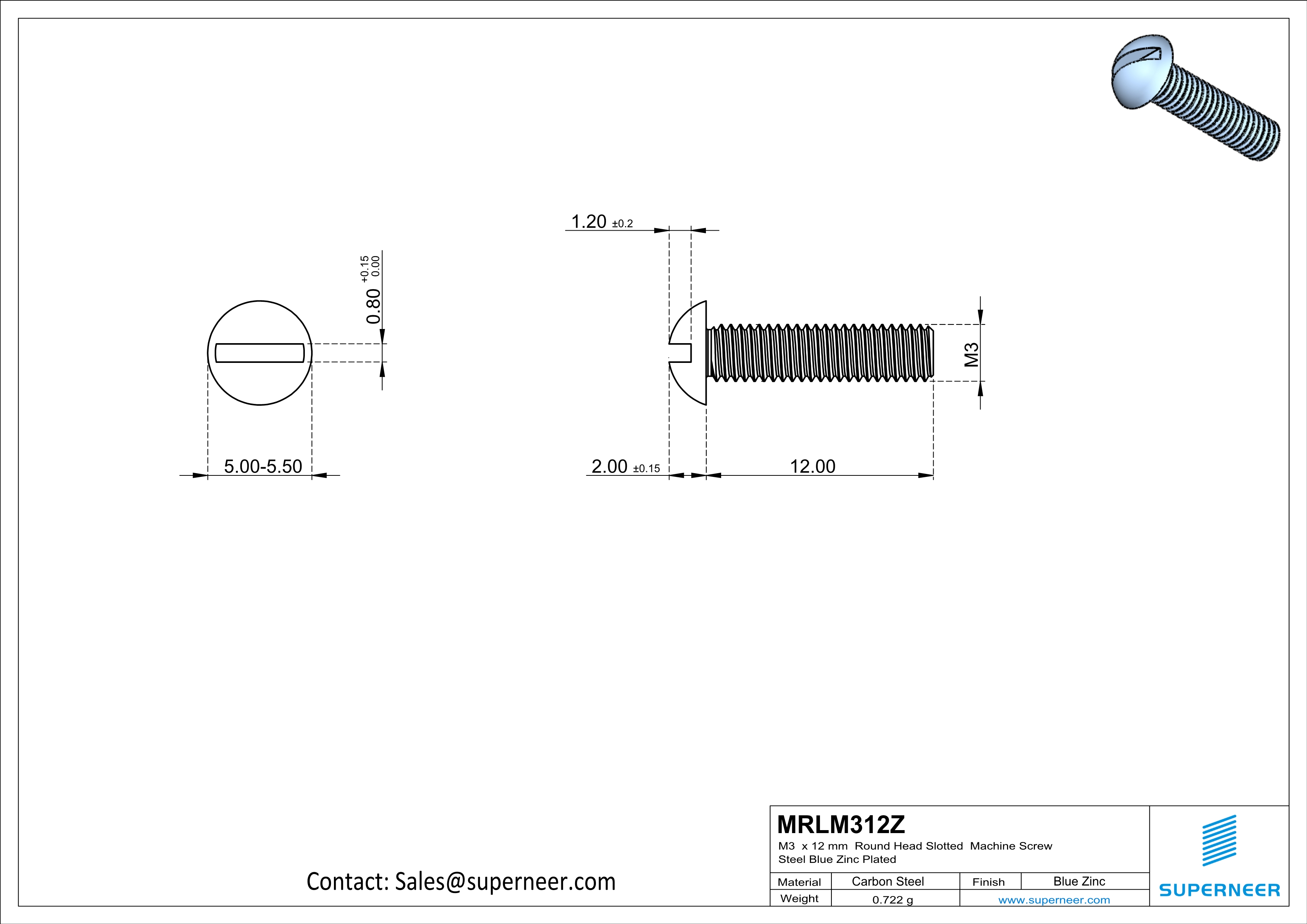 M3 x 12mm Round Head Slotted Machine Screw Steel Blue Zinc Plated