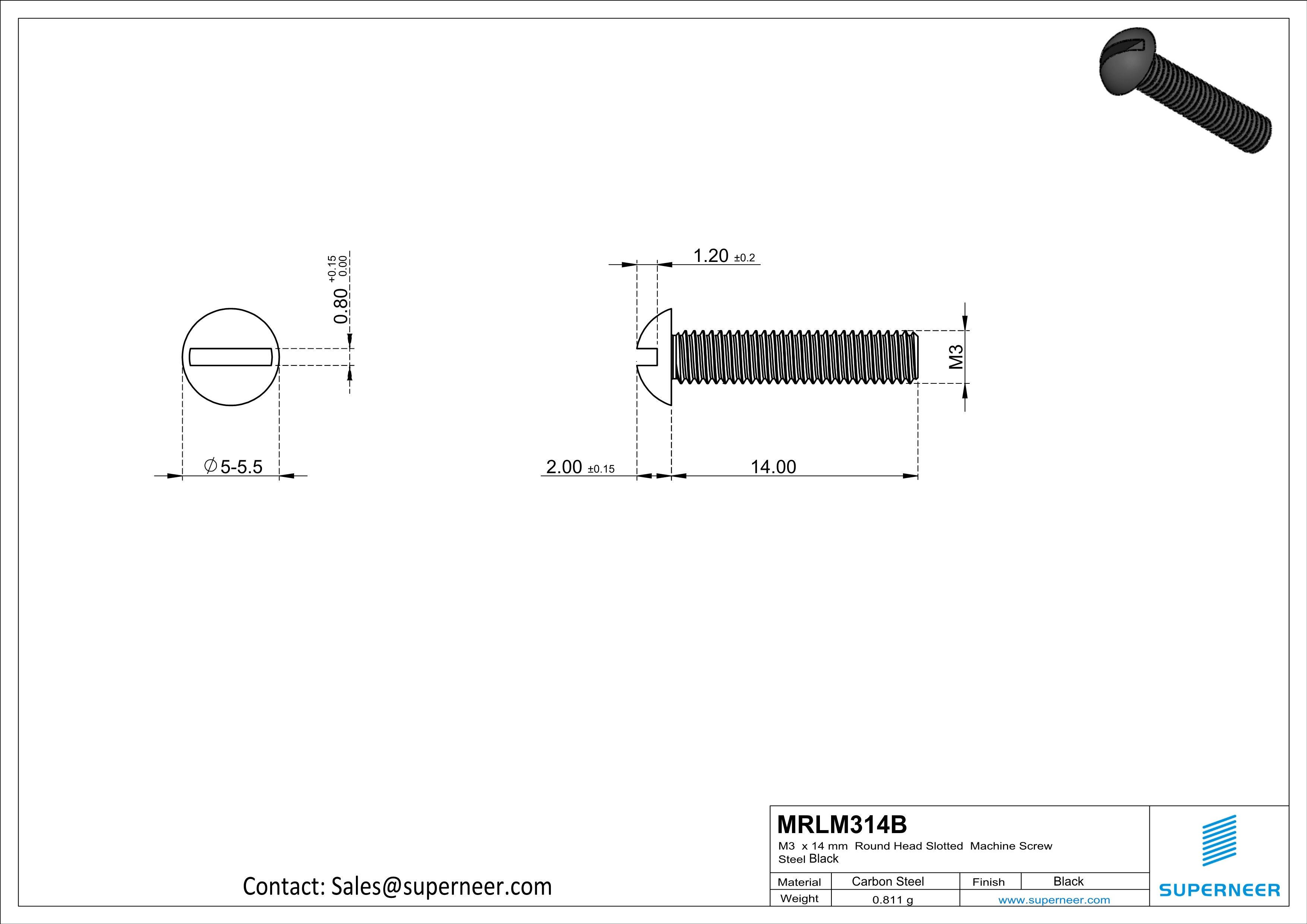 M3 x 14mm Round Head Slotted Machine Screw Steel Black