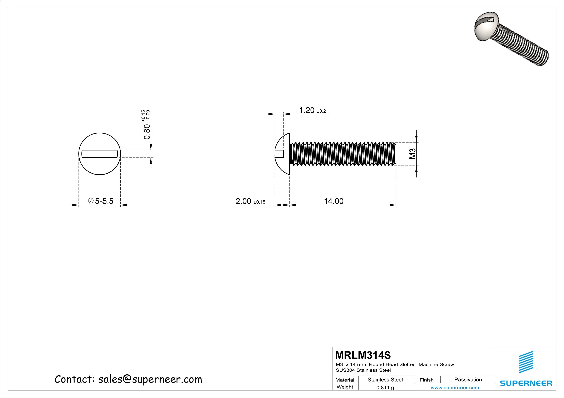 M3  x 14mm  Round Head Slotted  Machine Screw SUS304 Stainless Steel Inox