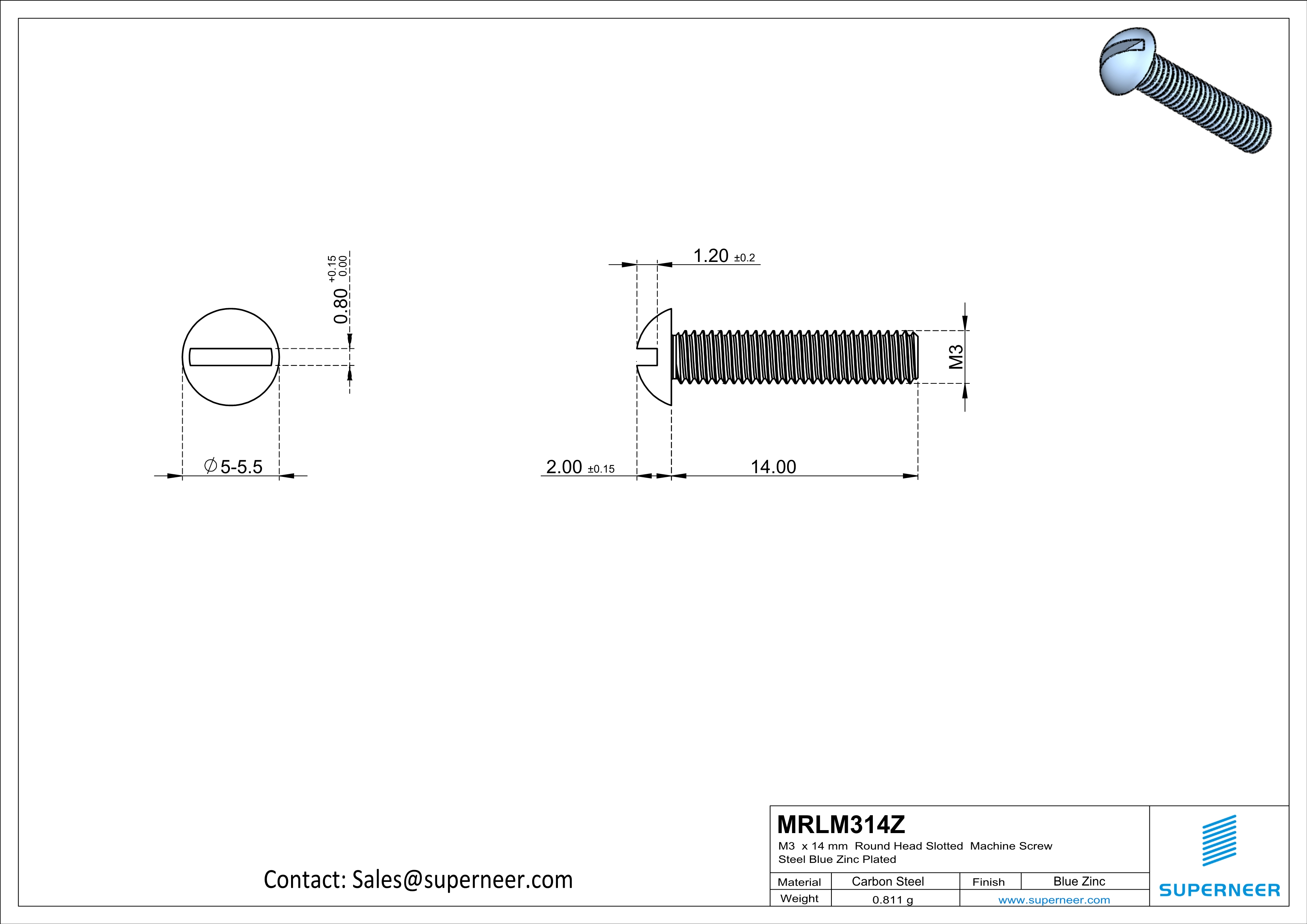 M3 x 14mm Round Head Slotted Machine Screw Steel Blue Zinc Plated