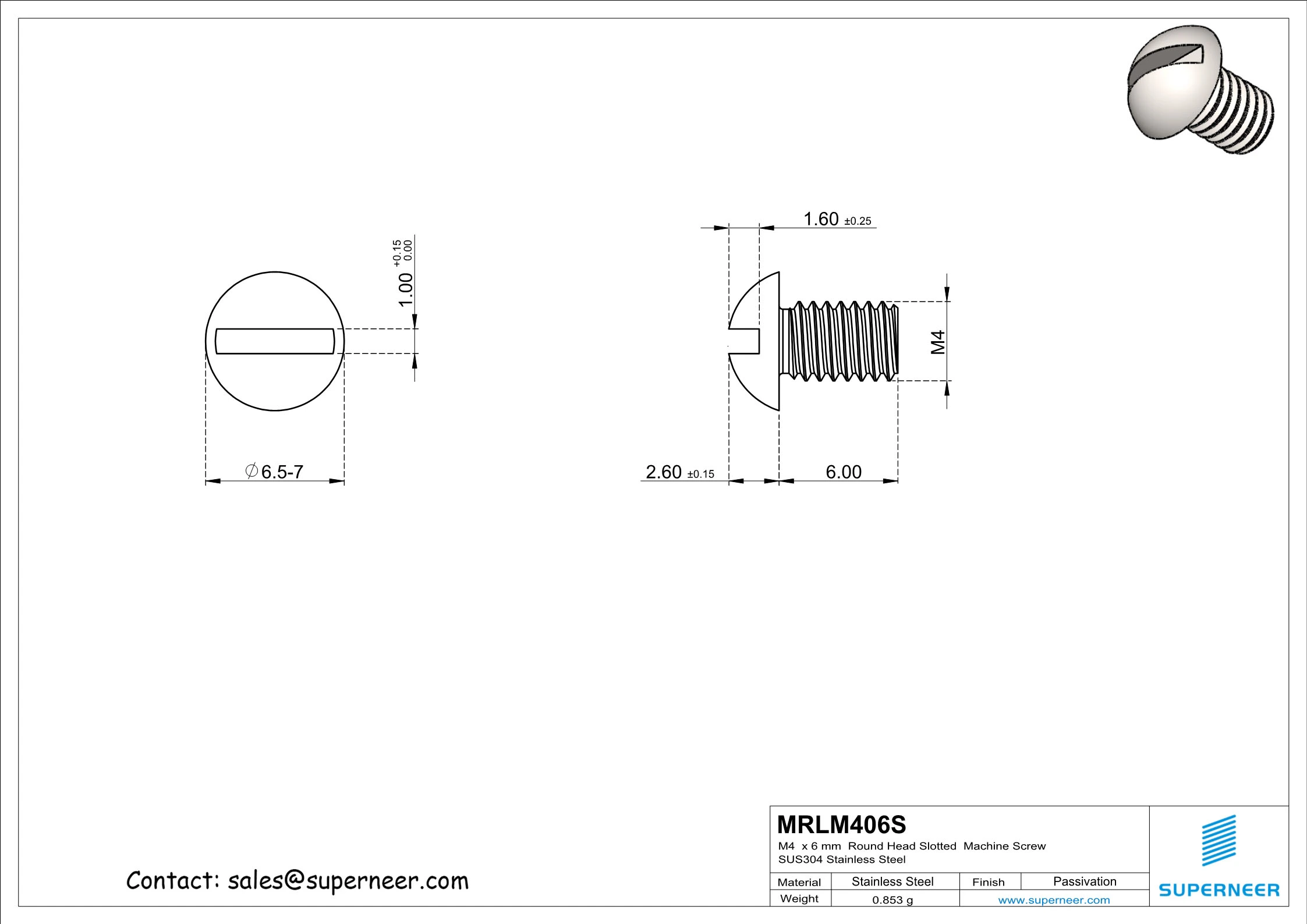 M4 x 6 mm  Round Head Slotted  Machine Screw SUS304 Stainless Steel Inox