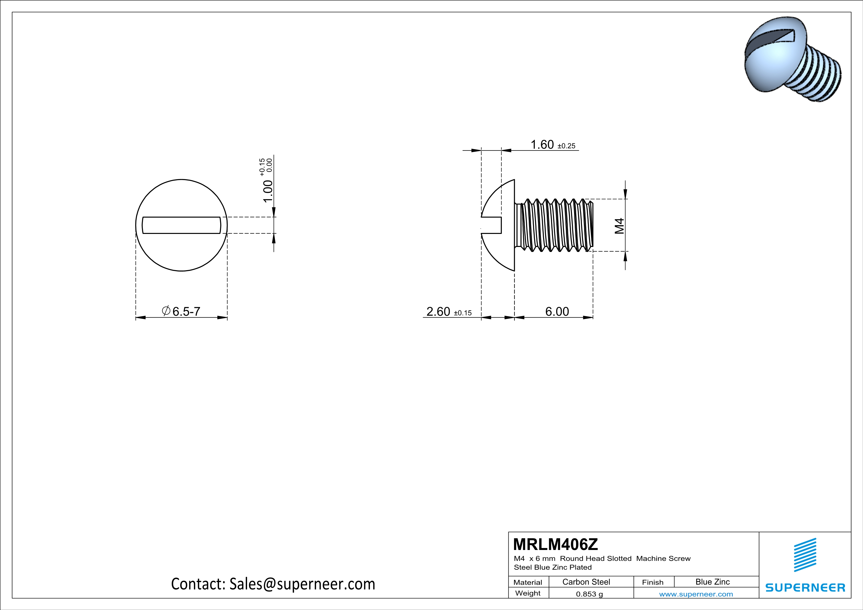 M4 x 6 mm Round Head Slotted Machine Screw Steel Blue Zinc Plated