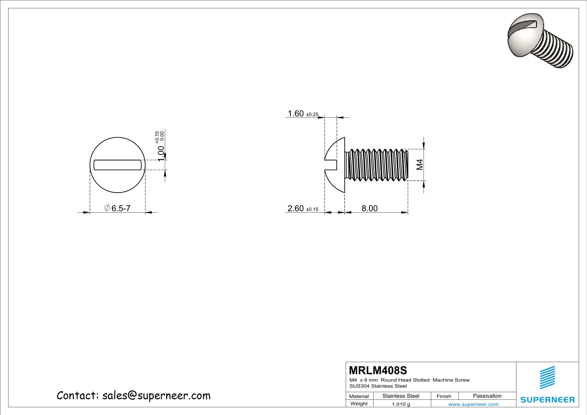 M4  x 8 mm  Round Head Slotted  Machine Screw SUS304 Stainless Steel Inox