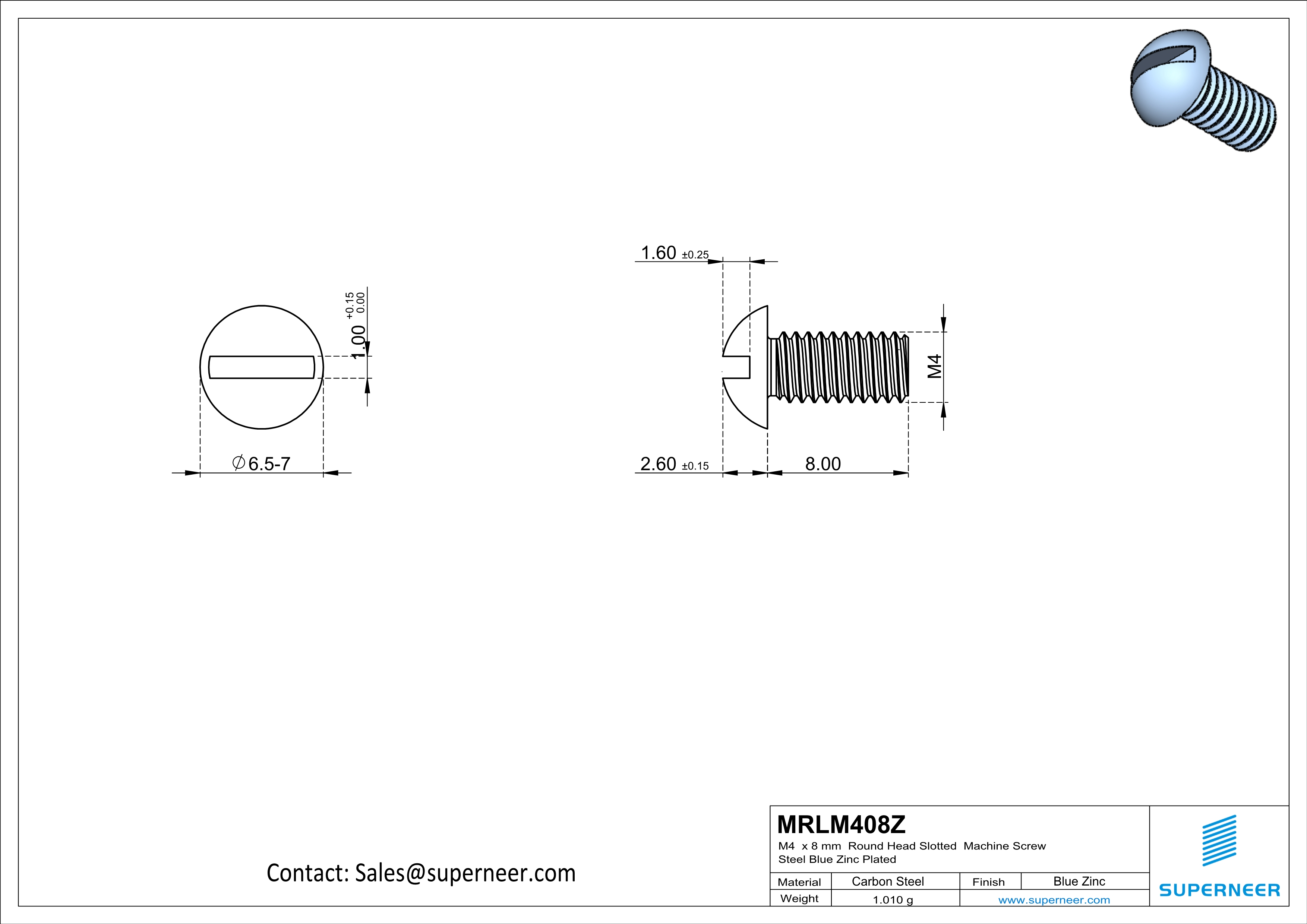 M4 x 8 mm Round Head Slotted Machine Screw Steel Blue Zinc Plated