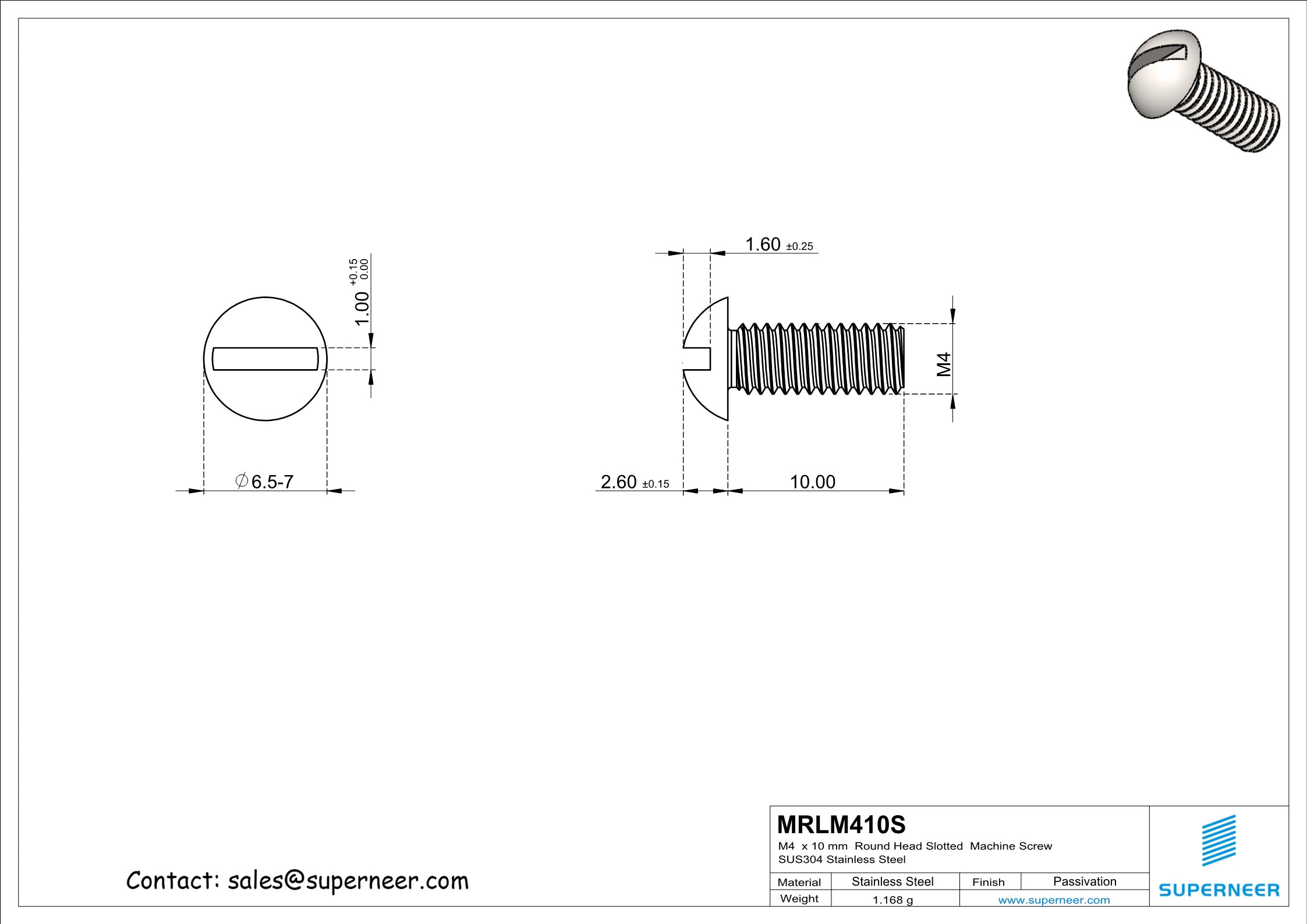 M4 x 10 mm  Round Head Slotted  Machine Screw SUS304 Stainless Steel Inox