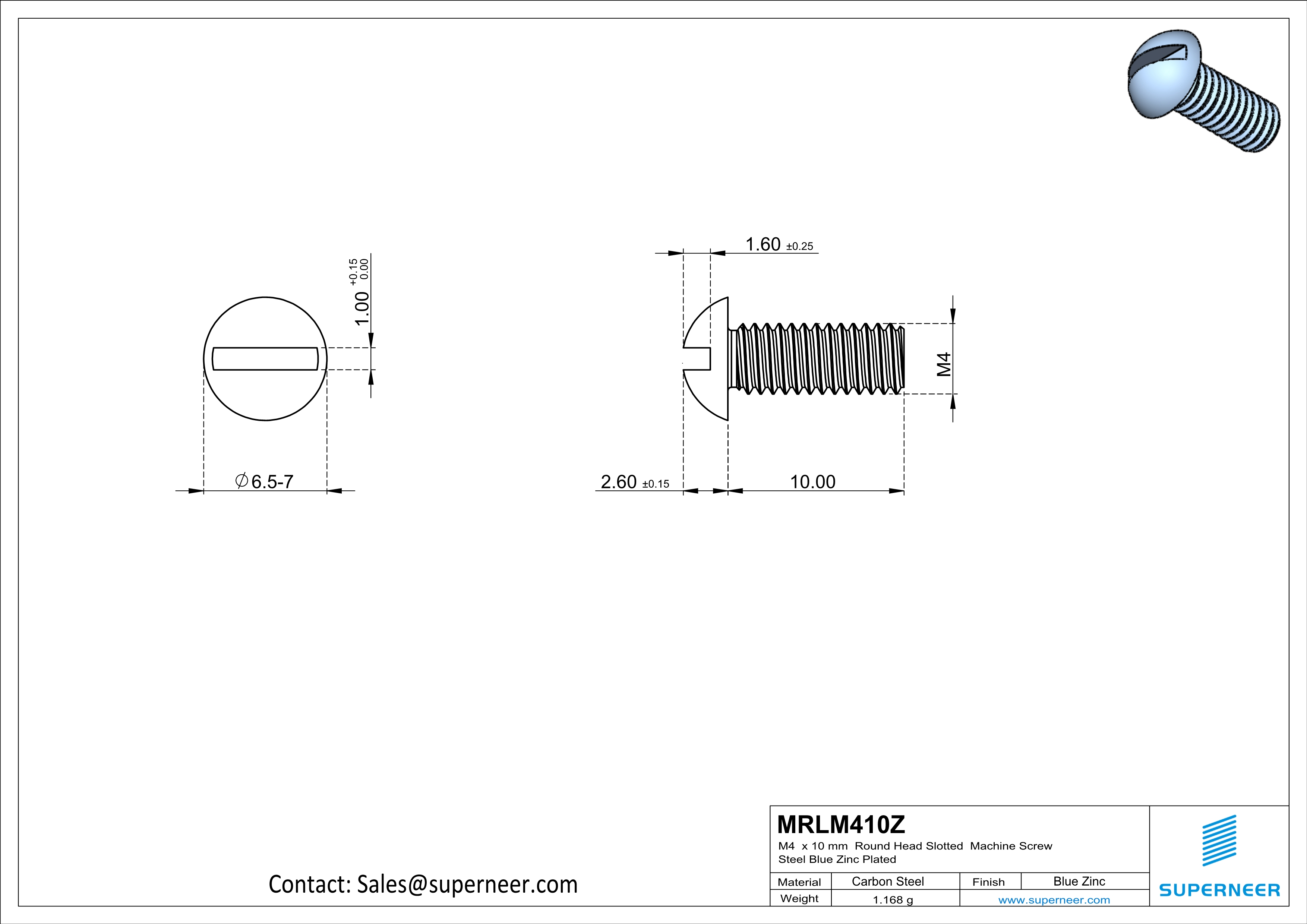 M4 x 10 mm Round Head Slotted Machine Screw Steel Blue Zinc Plated