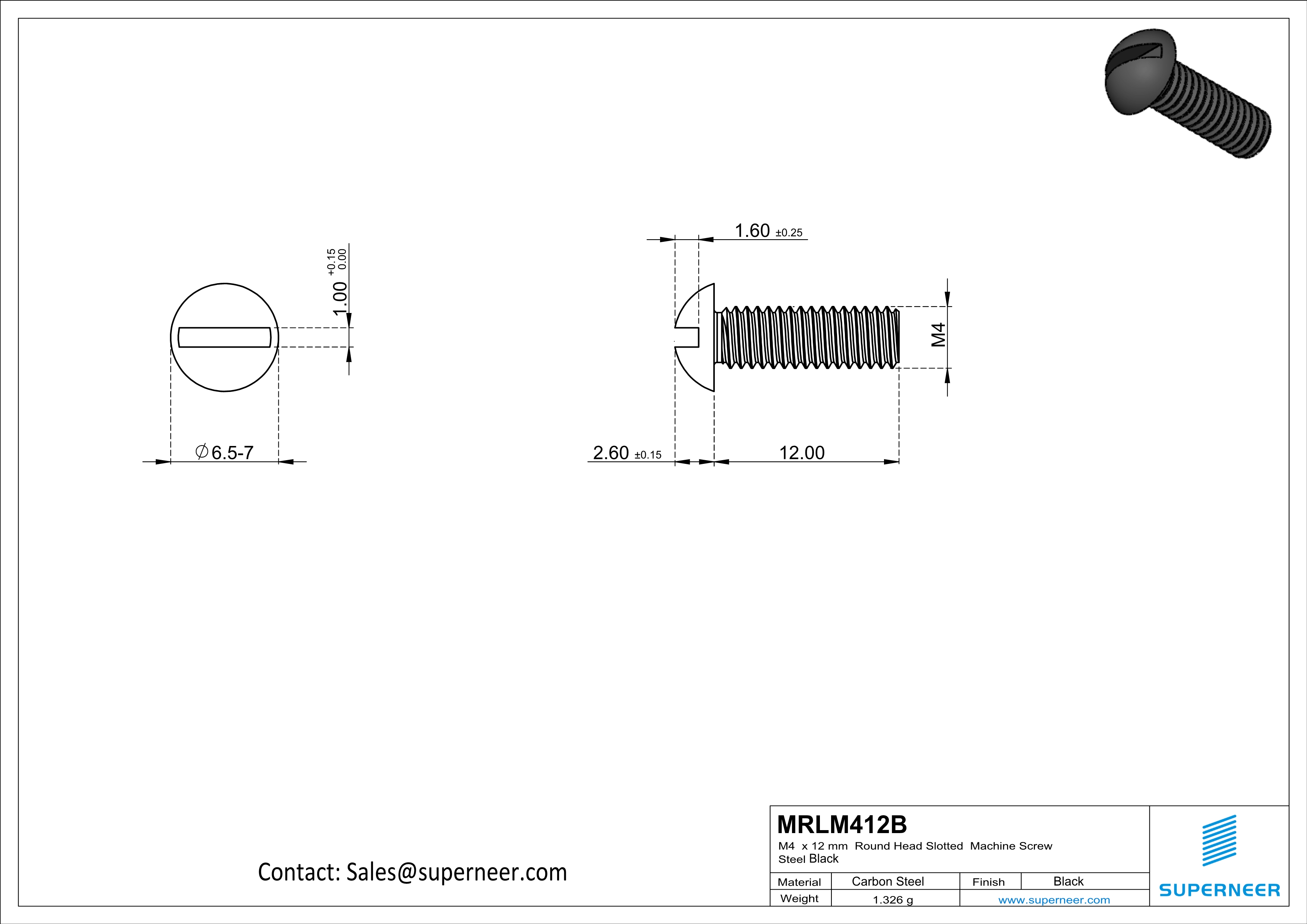 M4 x 12mm Round Head Slotted Machine Screw Steel Black