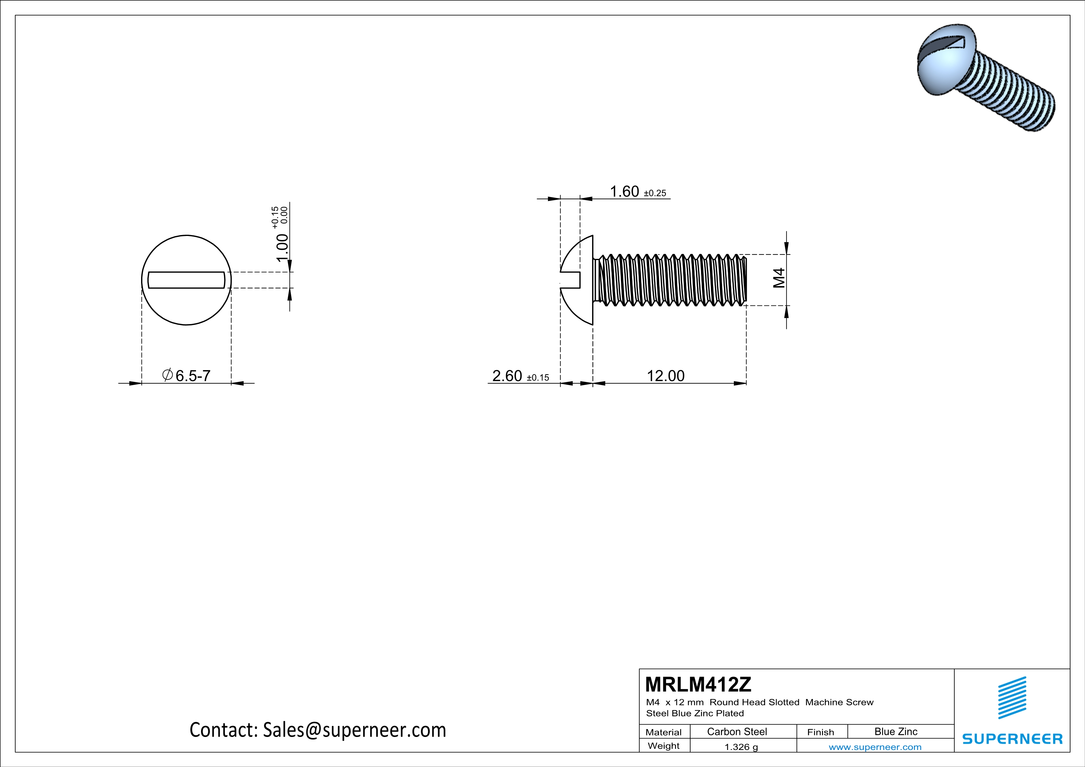 M4 x 12mm Round Head Slotted Machine Screw Steel Blue Zinc Plated