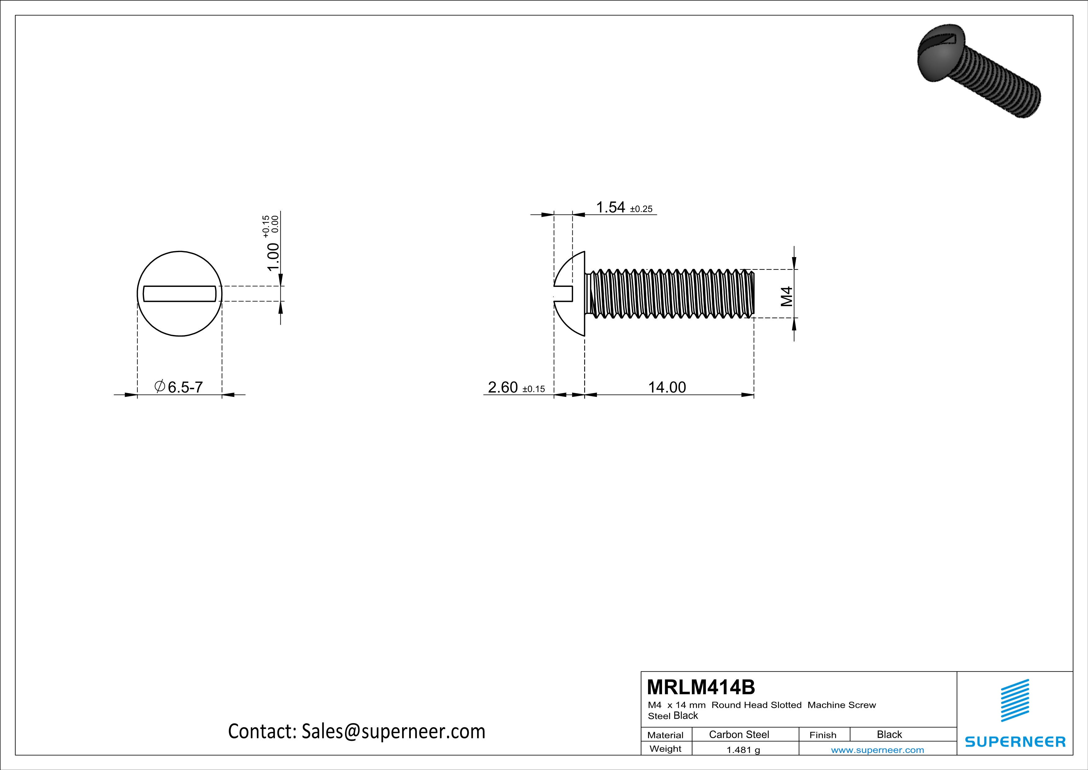 M4 x 14mm Round Head Slotted Machine Screw Steel Black