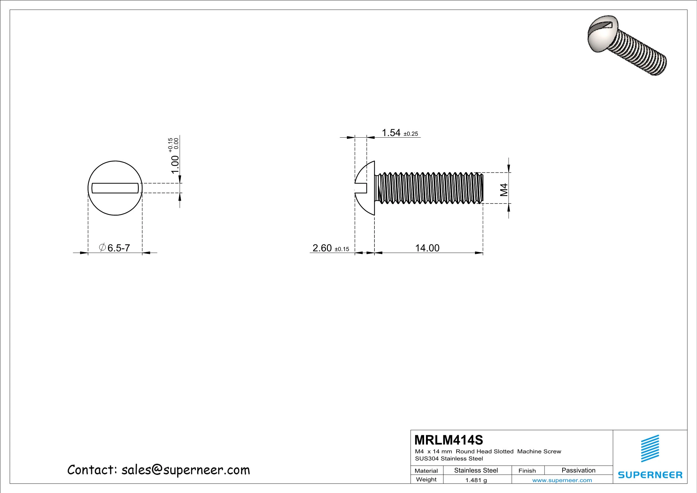 M4  x 14mm  Round Head Slotted  Machine Screw SUS304 Stainless Steel Inox