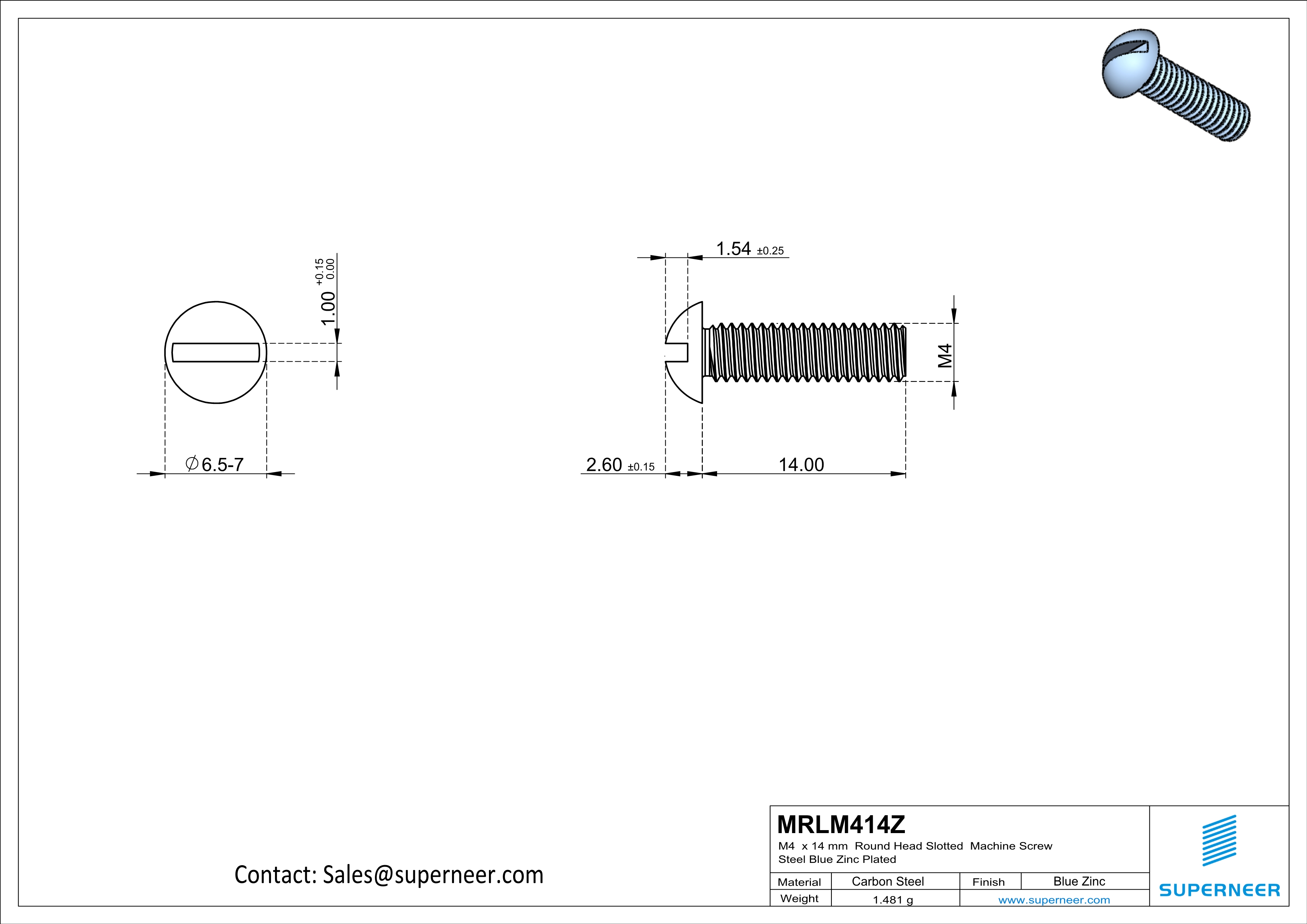 M4 x 14mm Round Head Slotted Machine Screw Steel Blue Zinc Plated