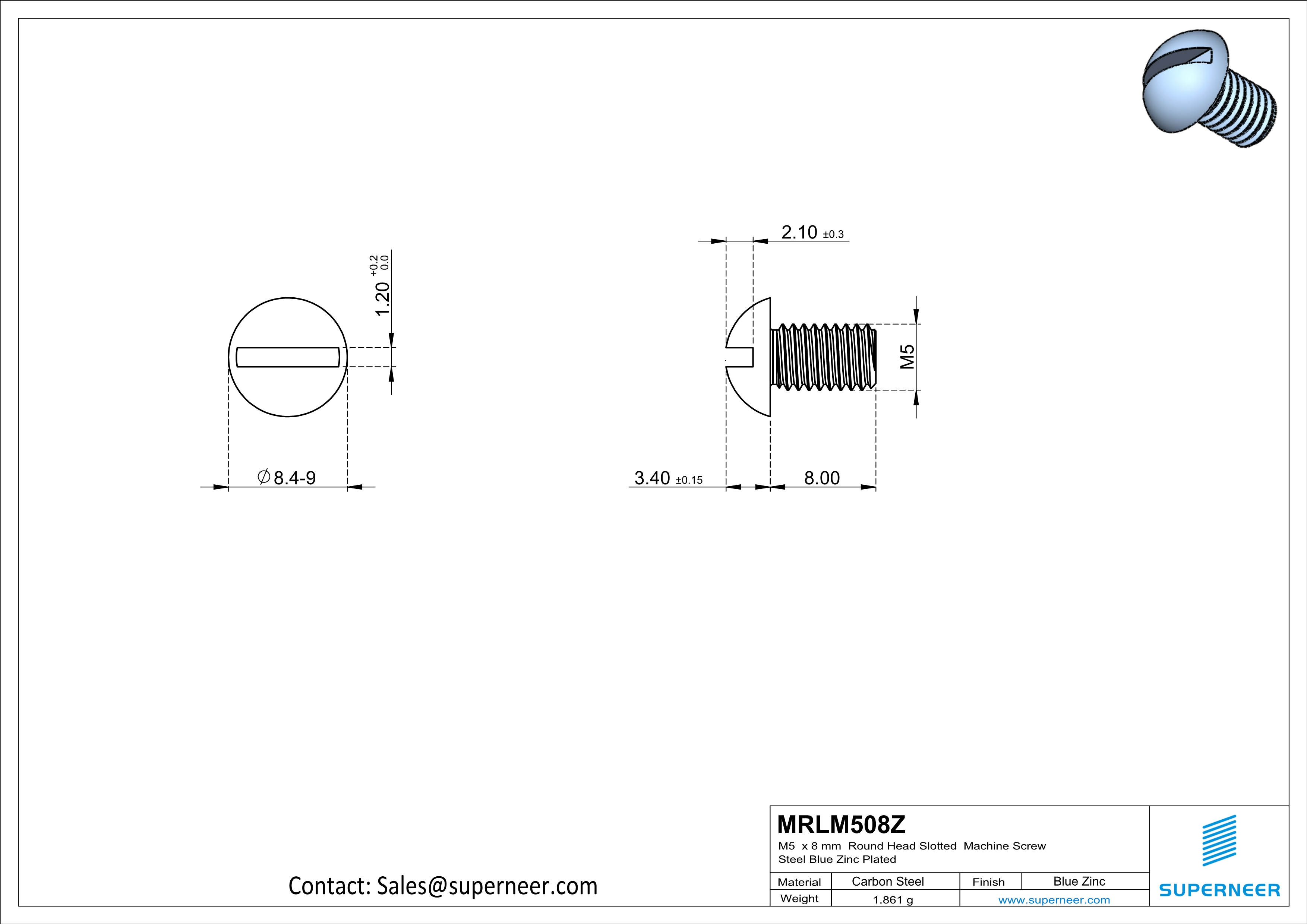 M5 x 8 mm Round Head Slotted Machine Screw Steel Blue Zinc Plated