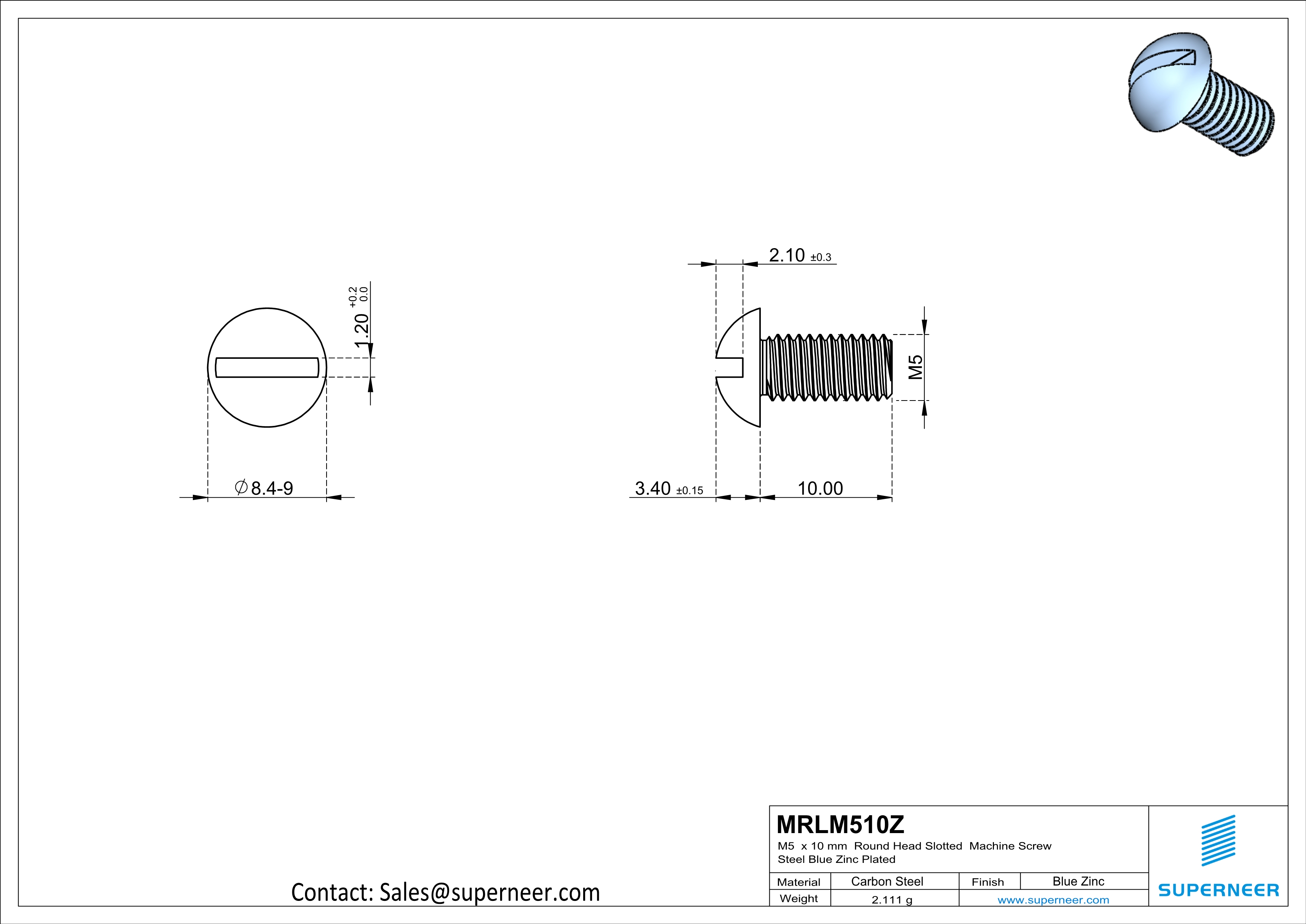 M5 x 10 mm Round Head Slotted Machine Screw Steel Blue Zinc Plated