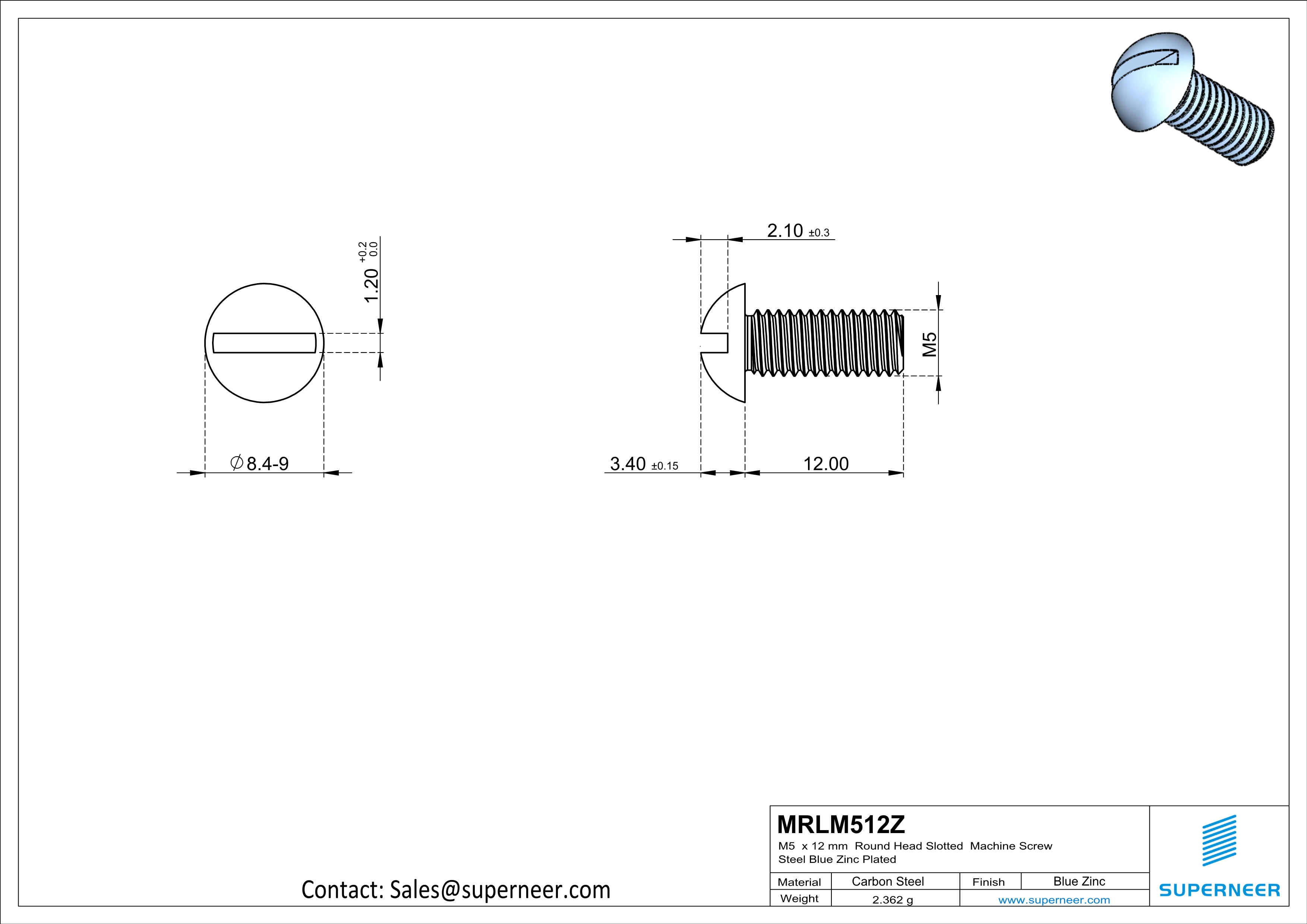 M5 x 12mm Round Head Slotted Machine Screw Steel Blue Zinc Plated