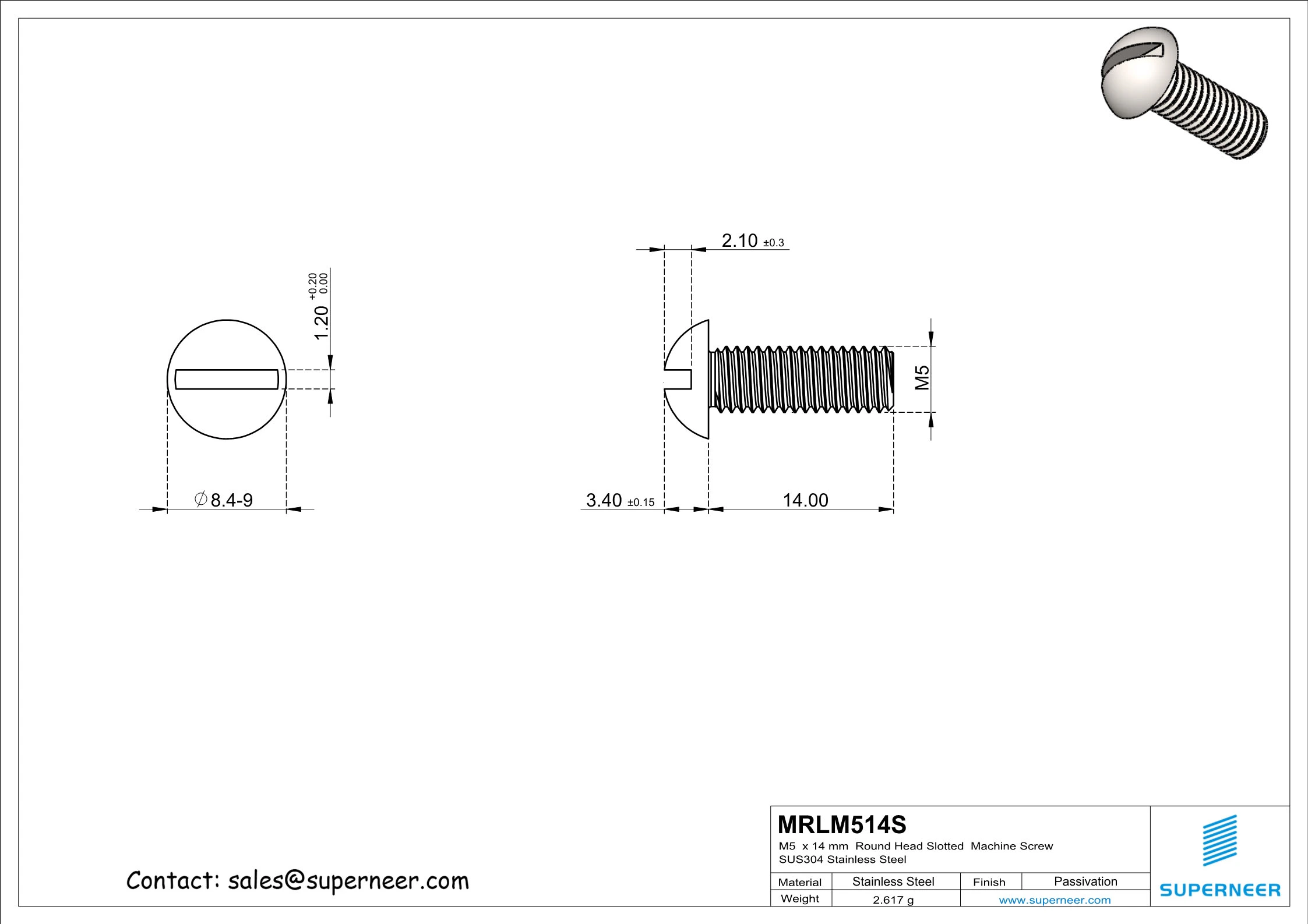 M5  x 14mm  Round Head Slotted  Machine Screw SUS304 Stainless Steel Inox