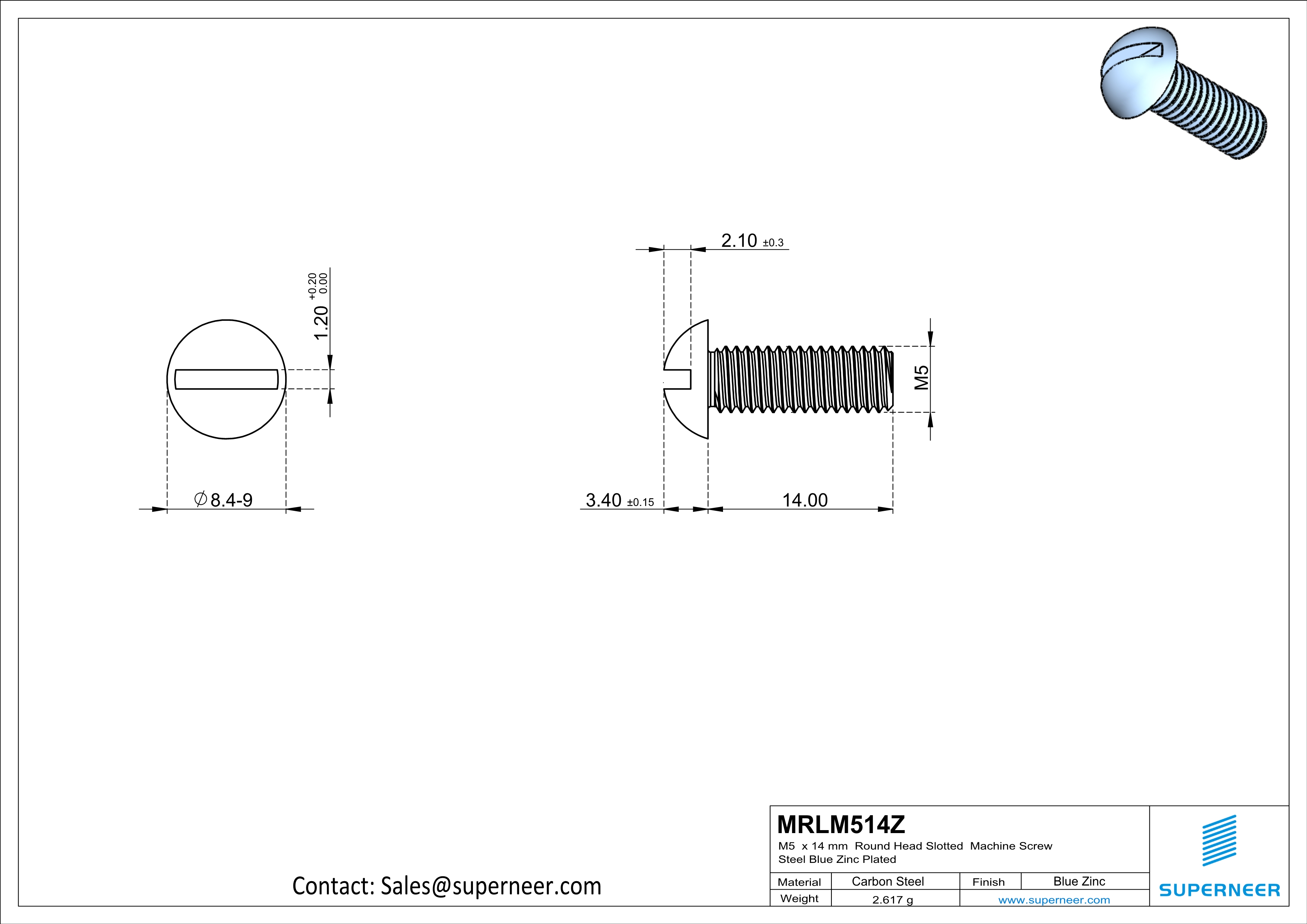 M5 x 14mm Round Head Slotted Machine Screw Steel Blue Zinc Plated