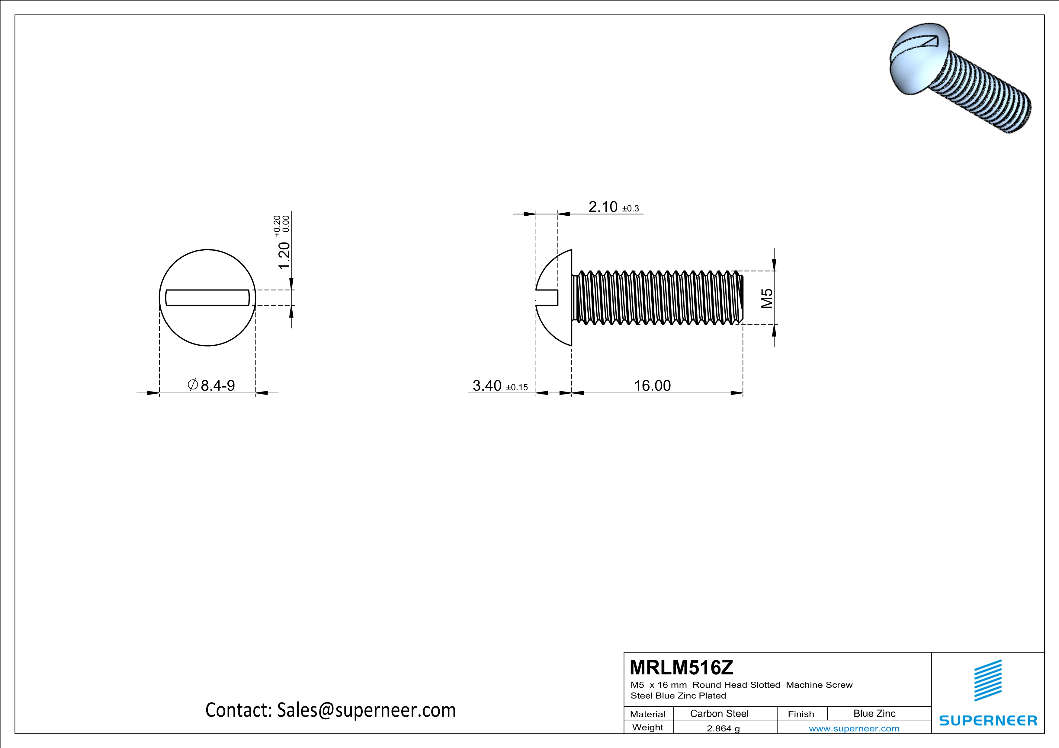 M5 x 16mm Round Head Slotted Machine Screw Steel Blue Zinc Plated