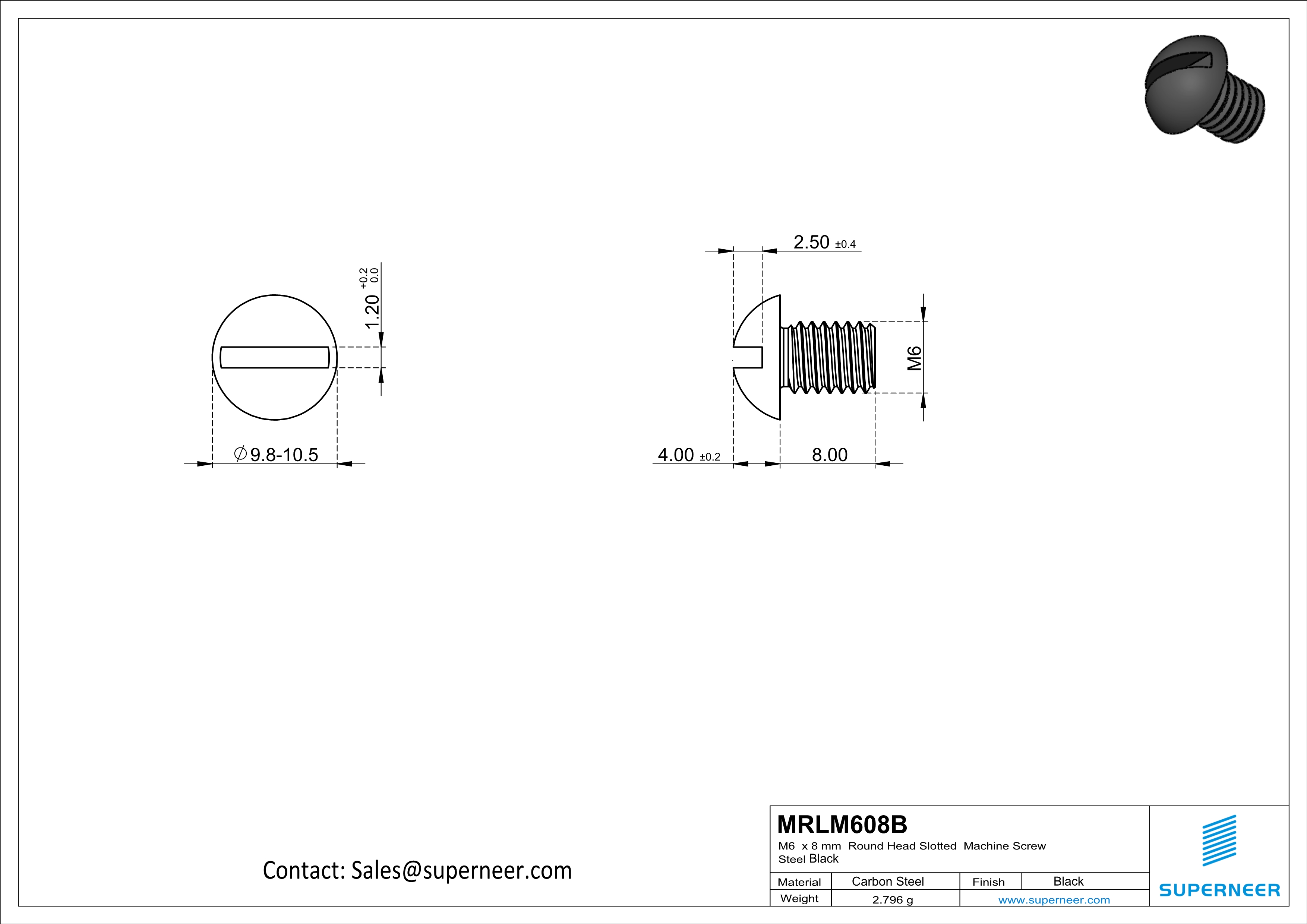 M6 x 8 mm Round Head Slotted Machine Screw Steel Black