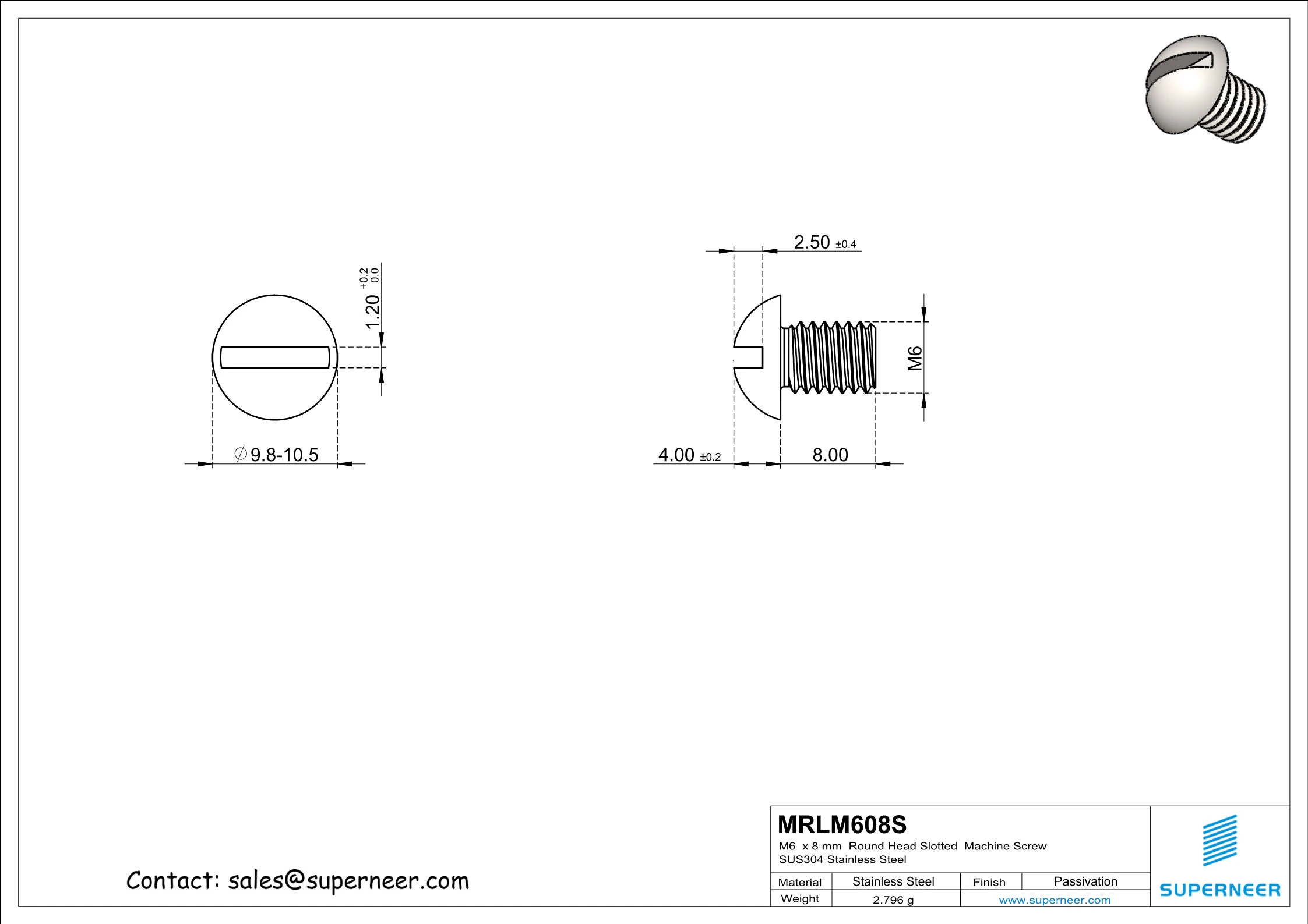 M6  x 8 mm  Round Head Slotted  Machine Screw SUS304 Stainless Steel Inox