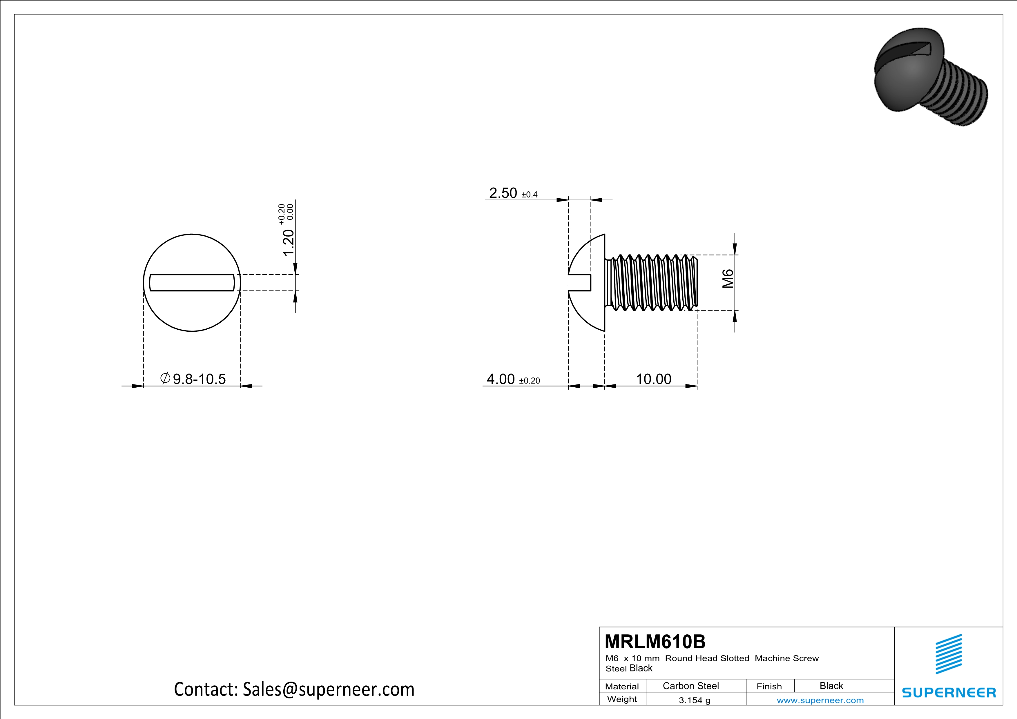 M6 x 10 mm Round Head Slotted Machine Screw Steel Black