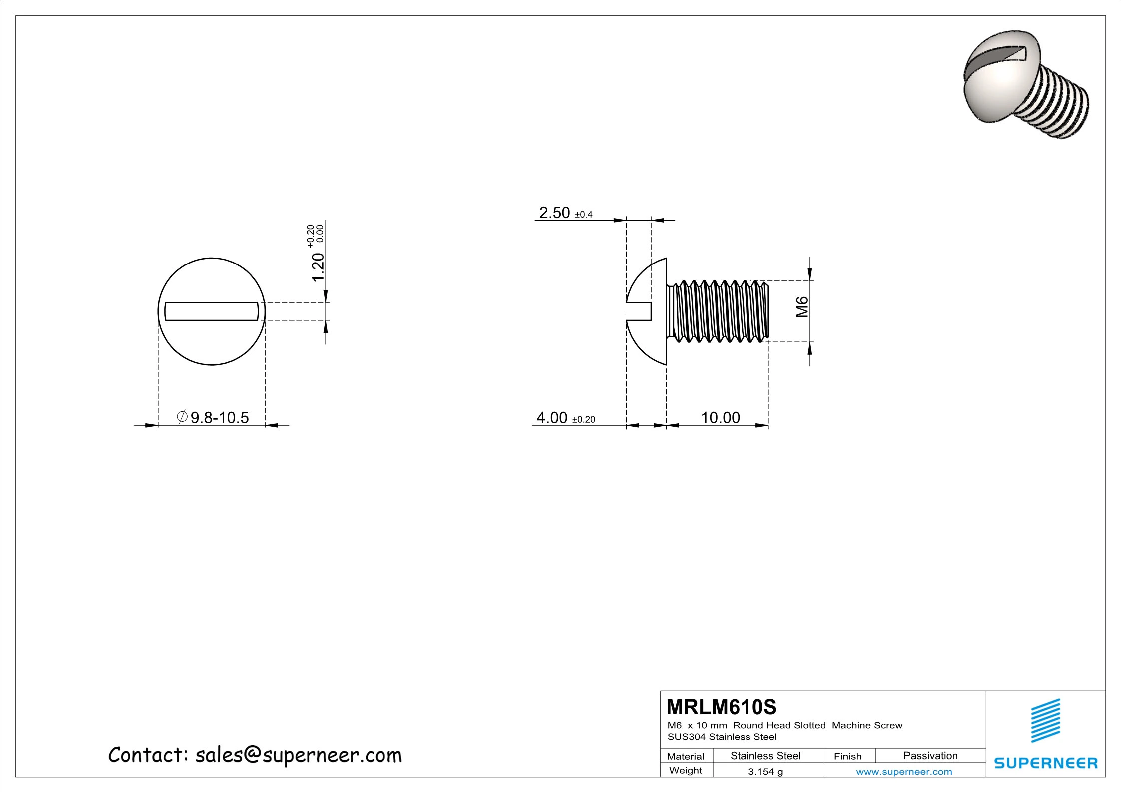 M6 x 10 mm  Round Head Slotted  Machine Screw SUS304 Stainless Steel Inox