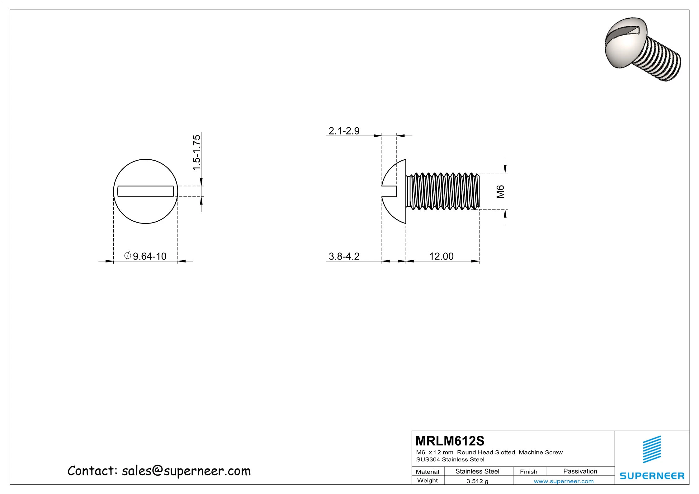 M6 x 12mm  Round Head Slotted  Machine Screw SUS304 Stainless Steel Inox