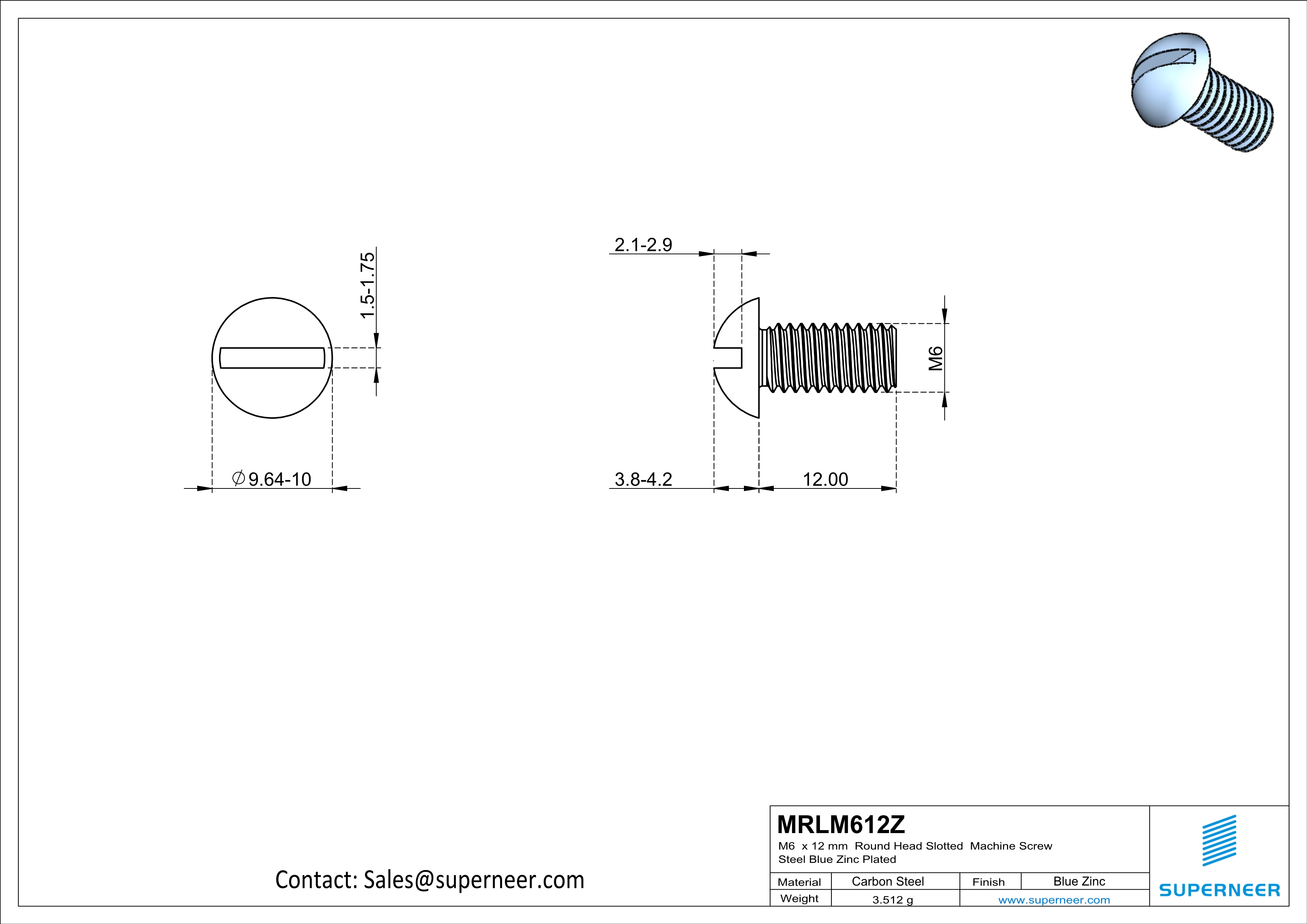 M6 x 12mm Round Head Slotted Machine Screw Steel Blue Zinc Plated