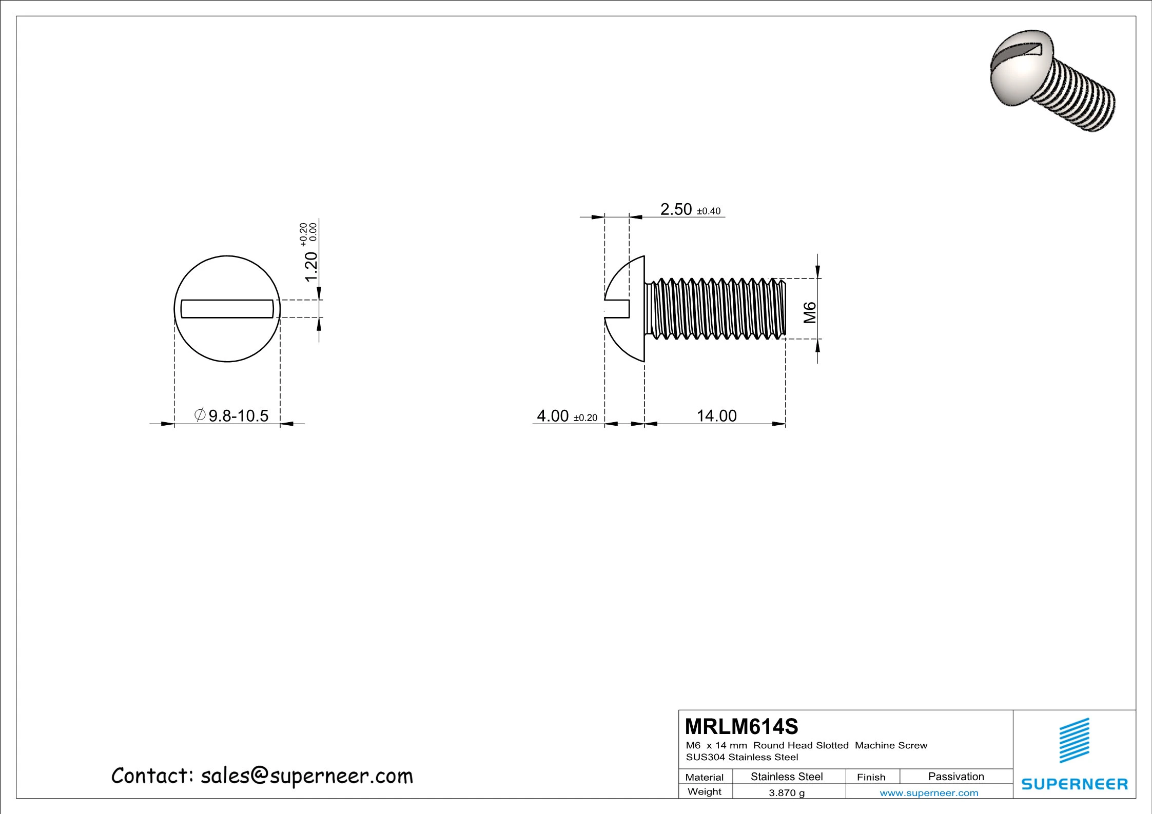 M6  x 14mm  Round Head Slotted  Machine Screw SUS304 Stainless Steel Inox