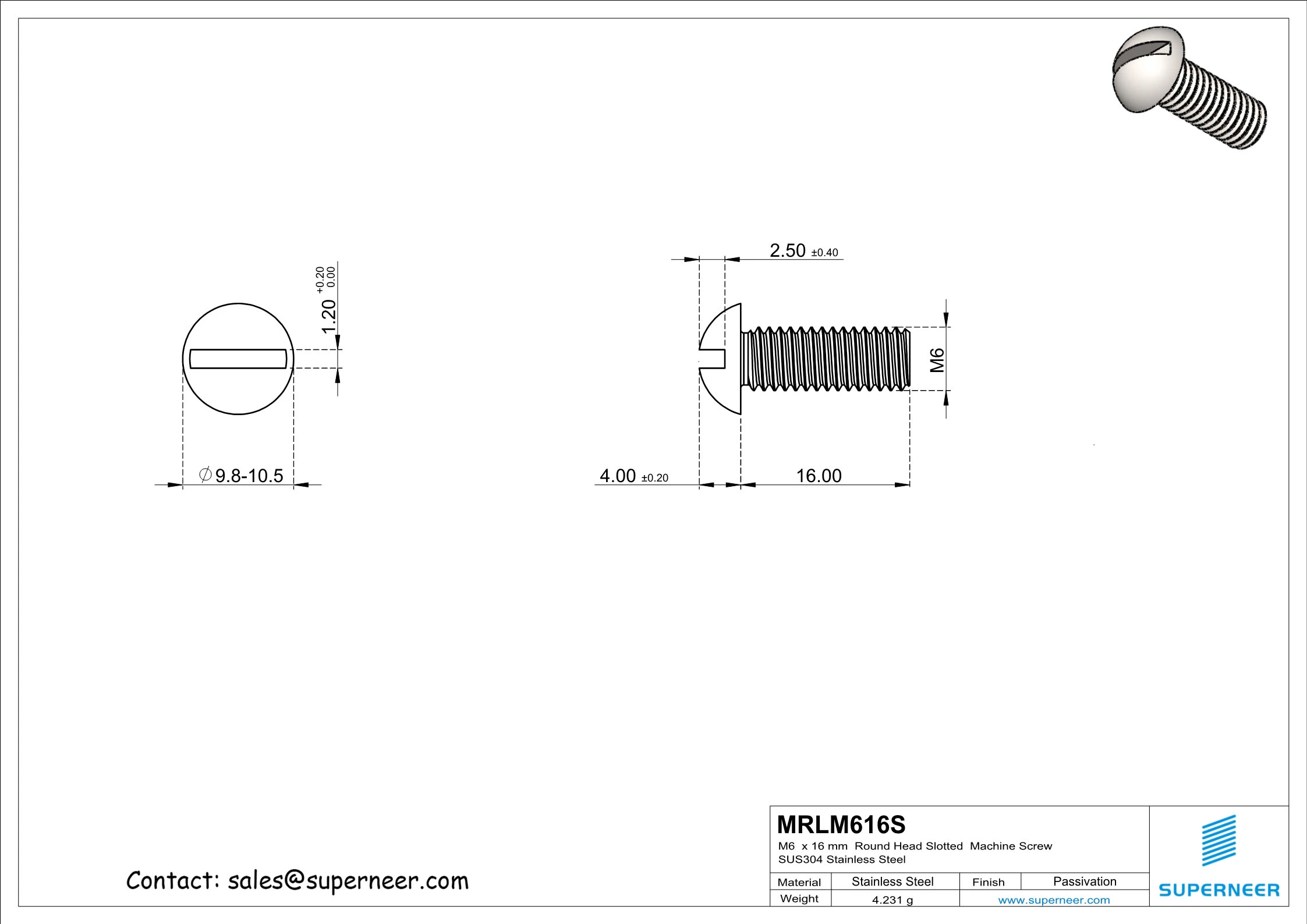 M6  x 16mm  Round Head Slotted  Machine Screw SUS304 Stainless Steel Inox