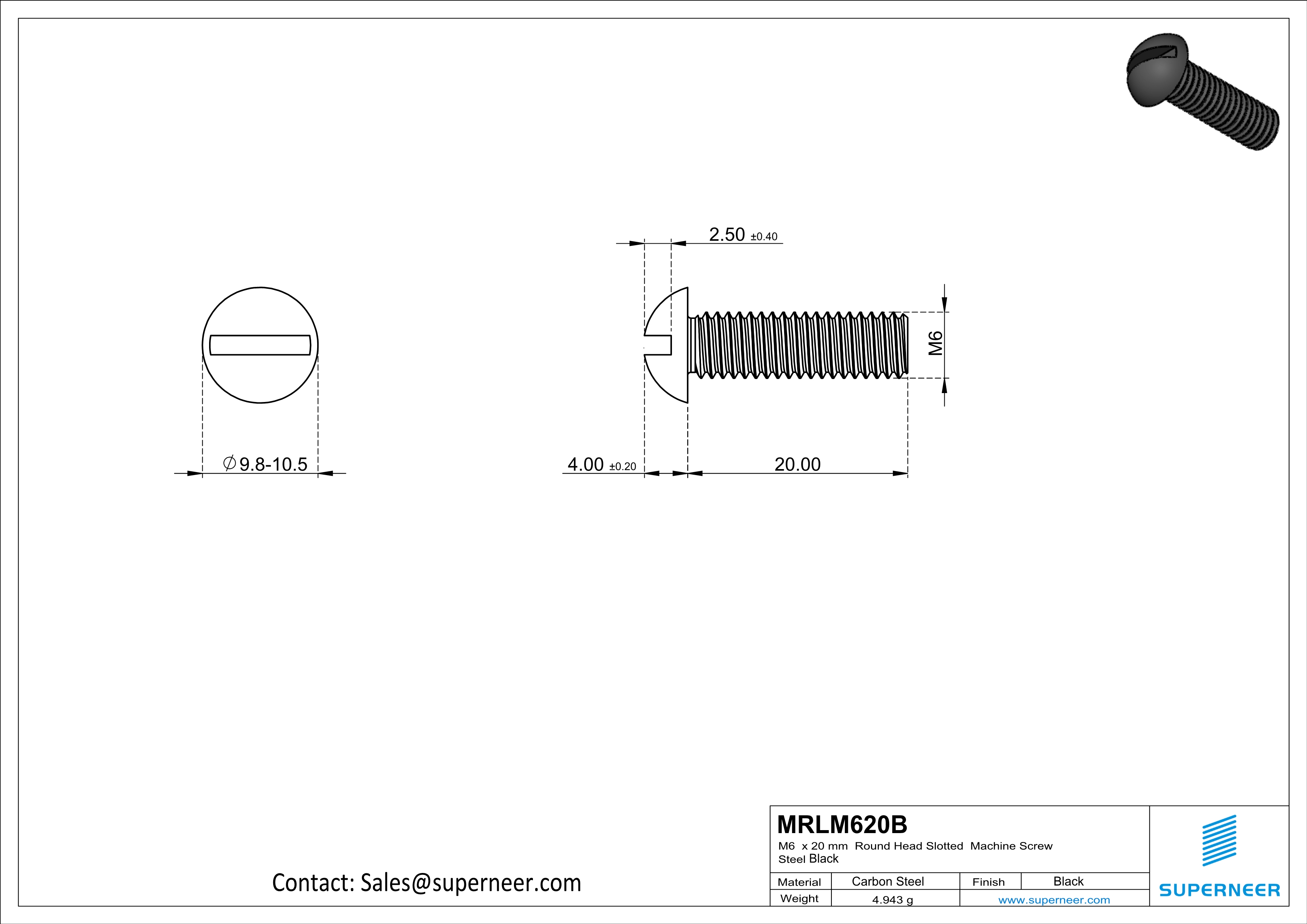 M6 x 20mm Round Head Slotted Machine Screw Steel Black