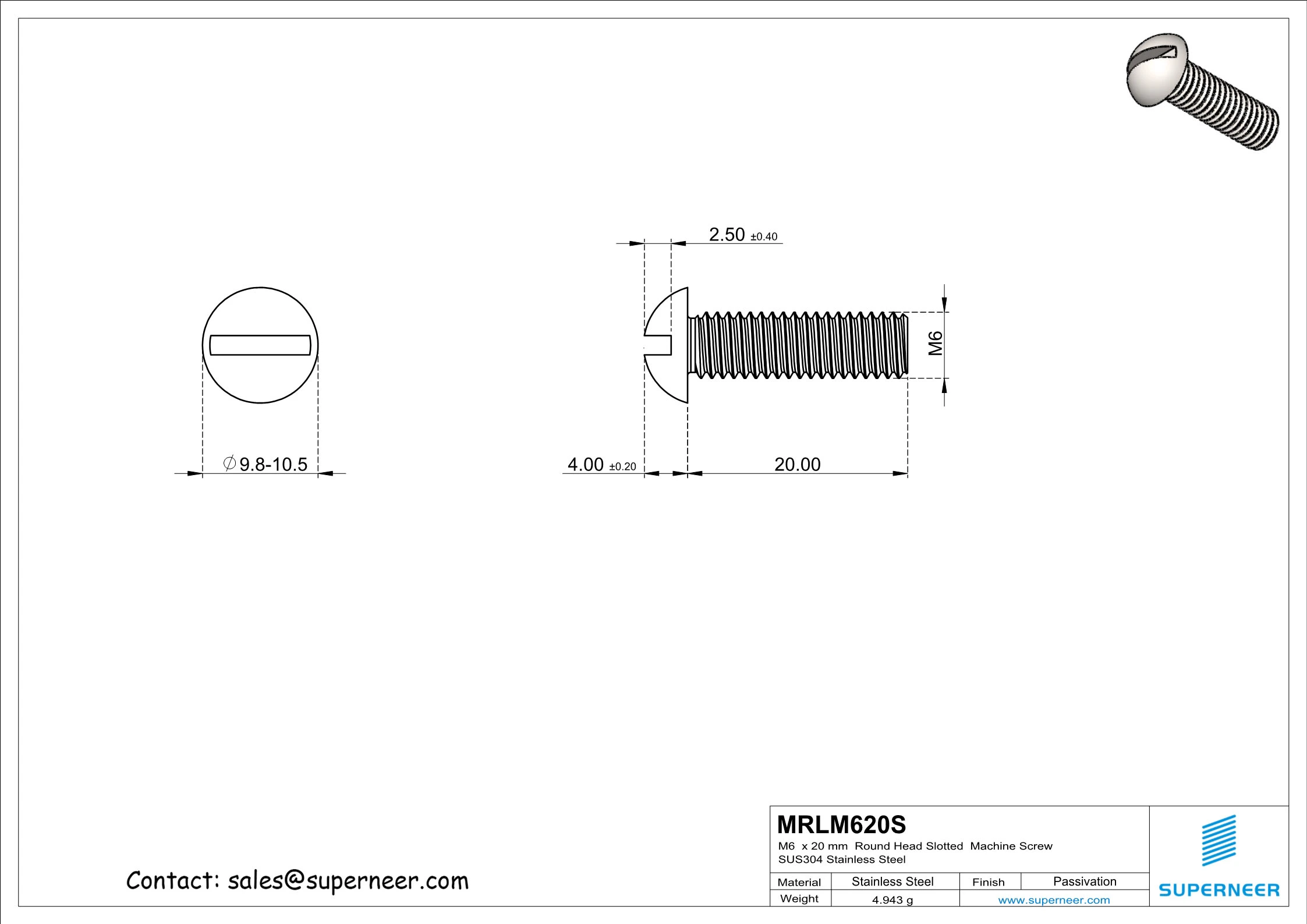 M6  x 20mm  Round Head Slotted  Machine Screw SUS304 Stainless Steel Inox