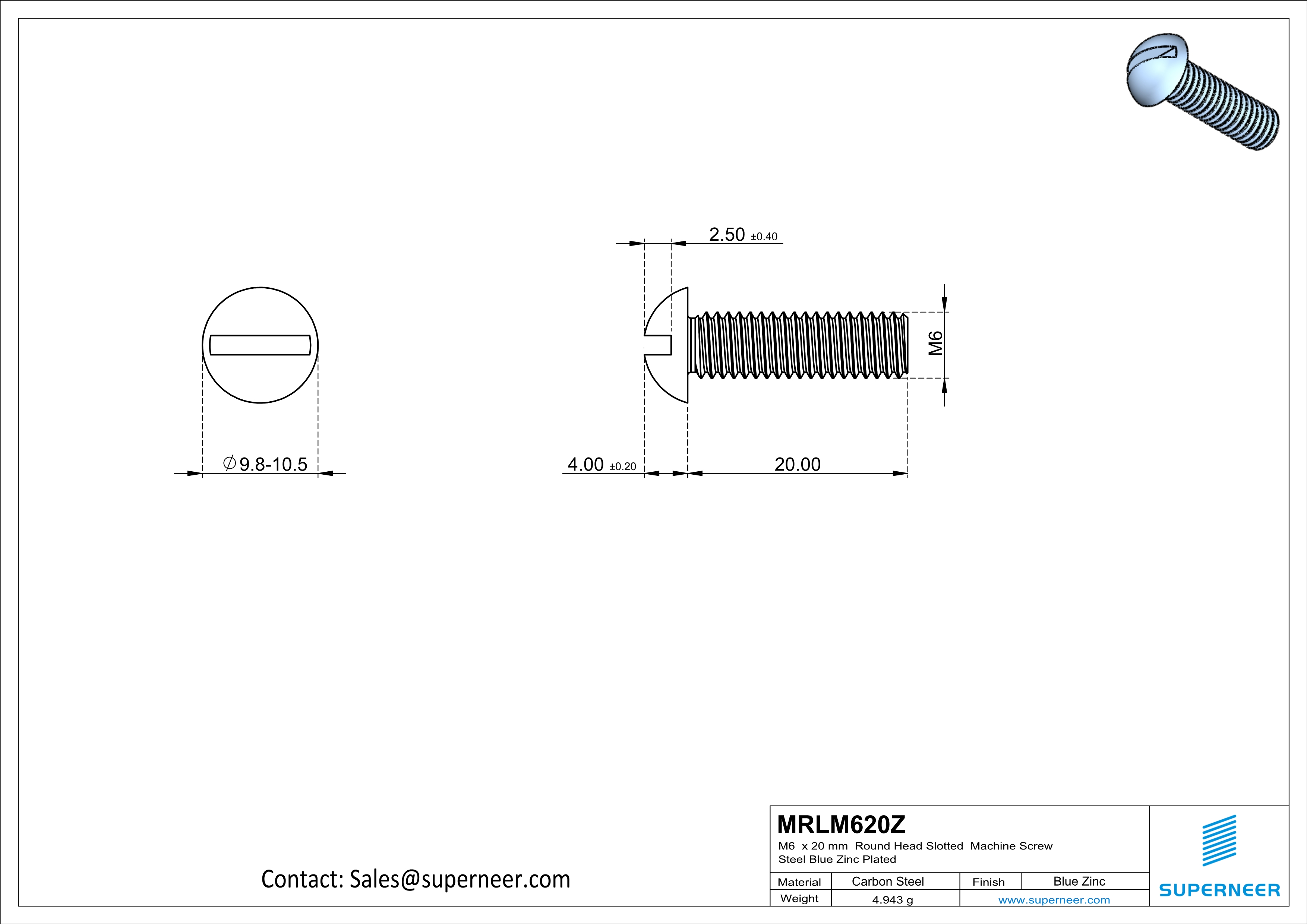 M6 x 20mm Round Head Slotted Machine Screw Steel Blue Zinc Plated